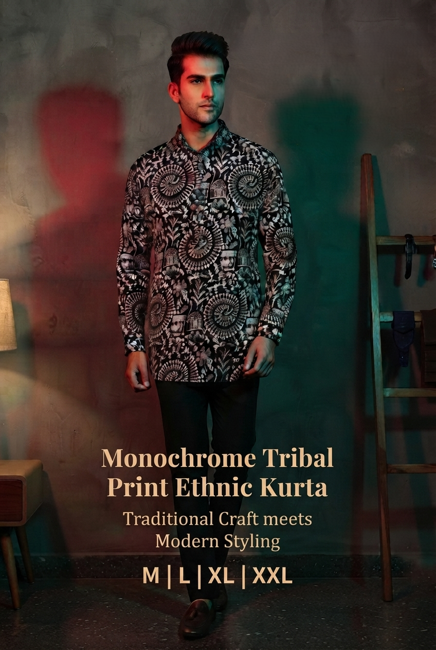 Men's Indigo Monochrome Tribal Print Ethnic Kurta