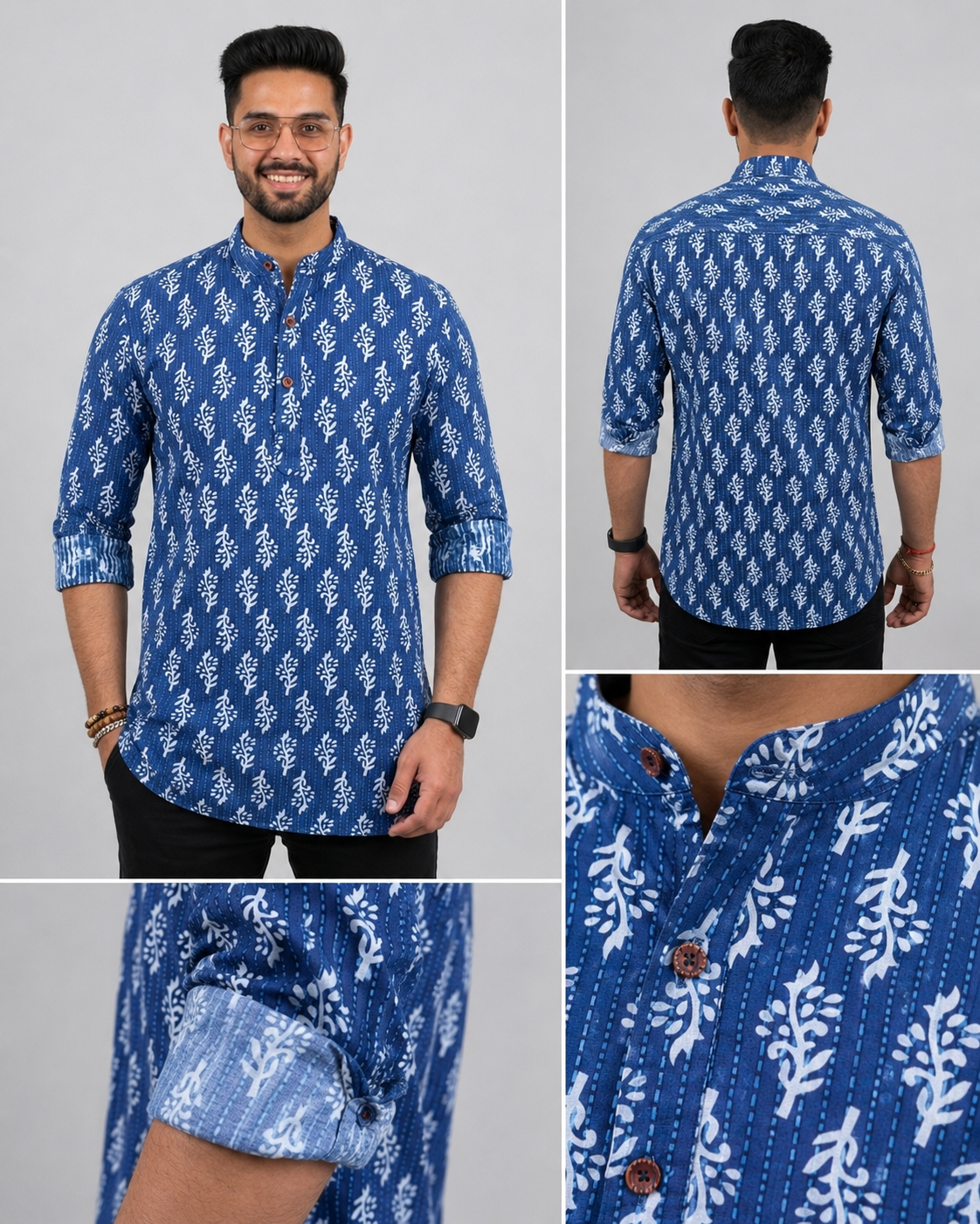 Men's Indigo Blue Cotton Hand-Block Print Short Kurta