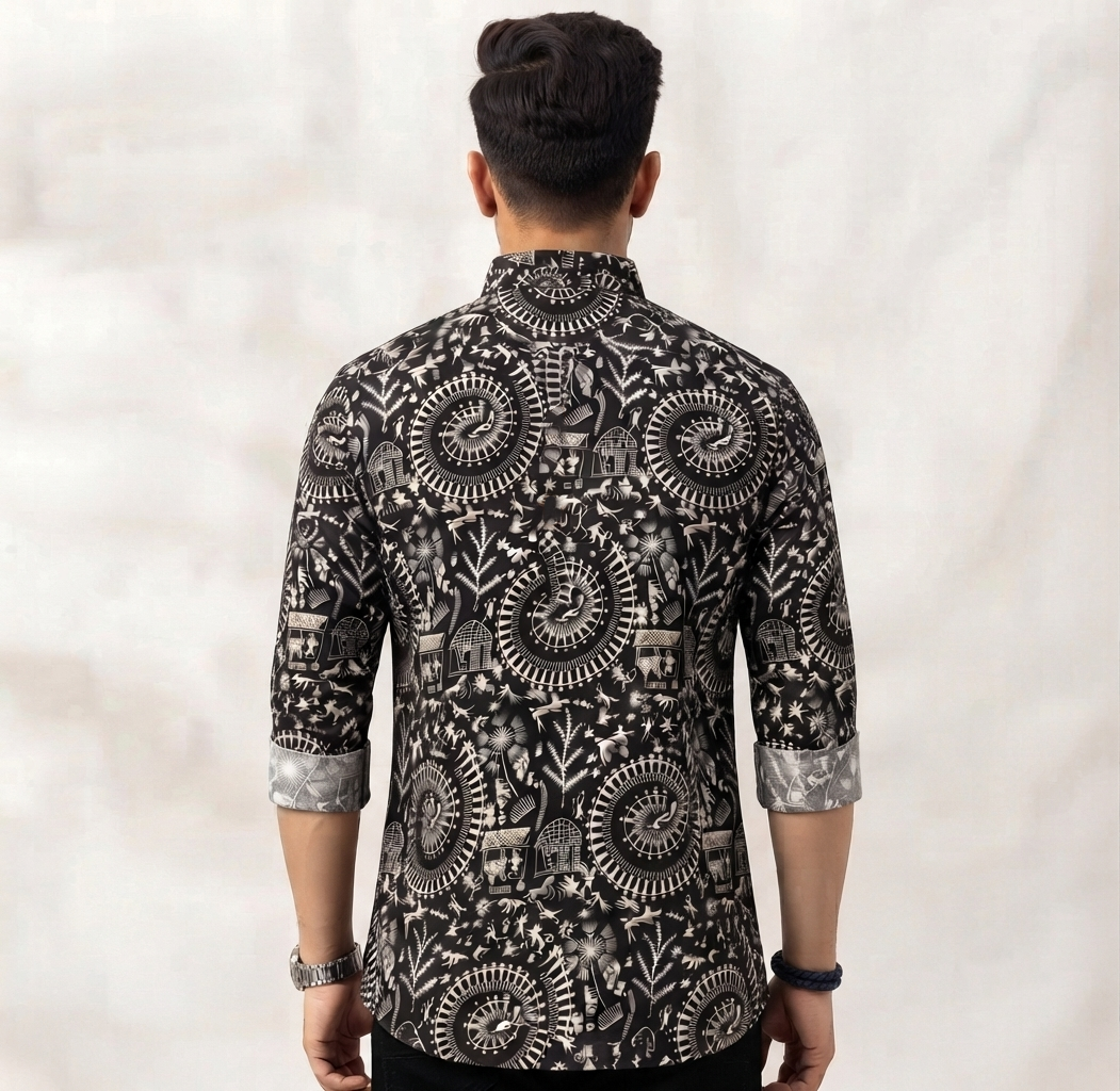 Men's Indigo Monochrome Tribal Print Ethnic Kurta
