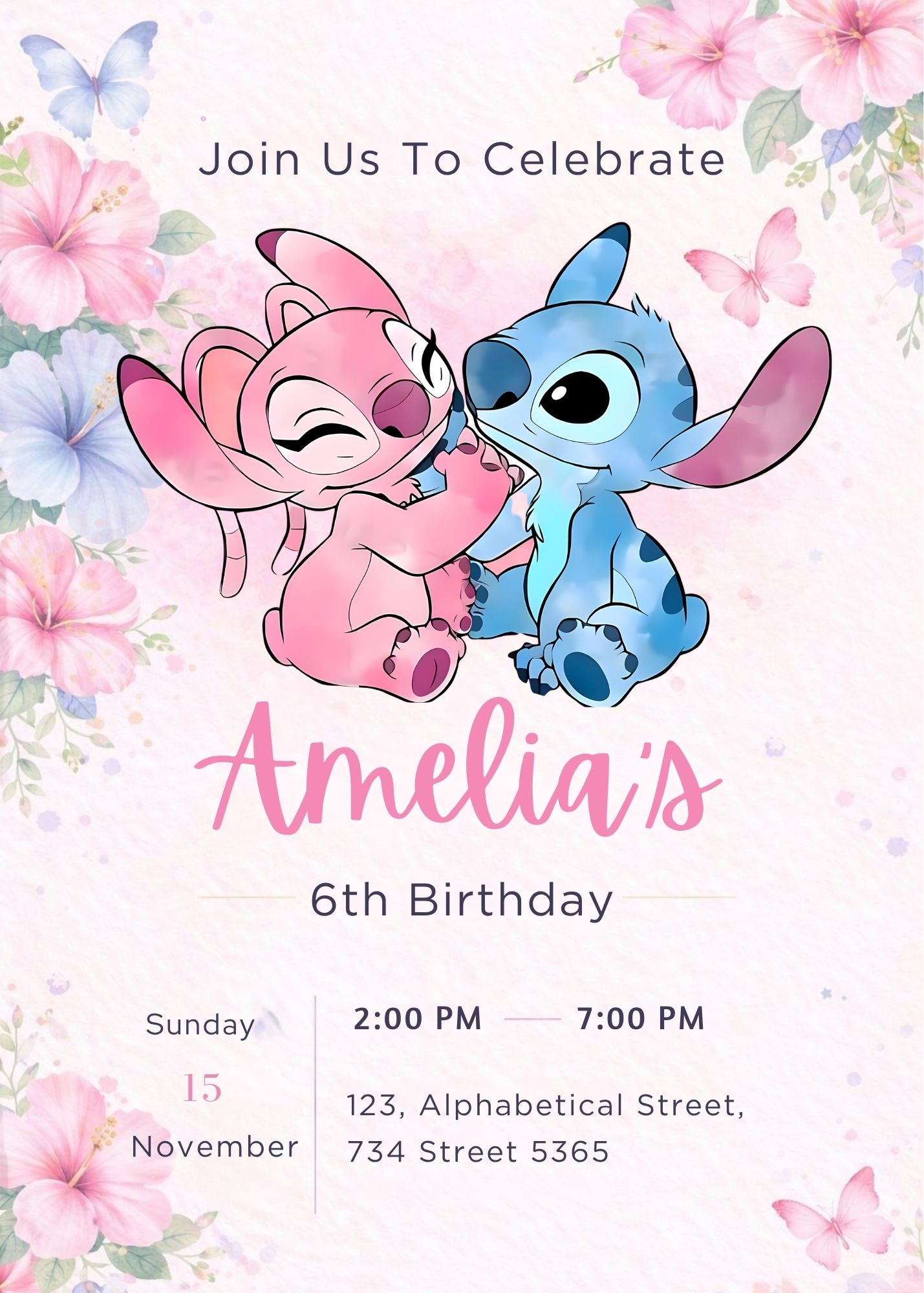 Free Stitch and Angel Birthday Invitation Canva Template