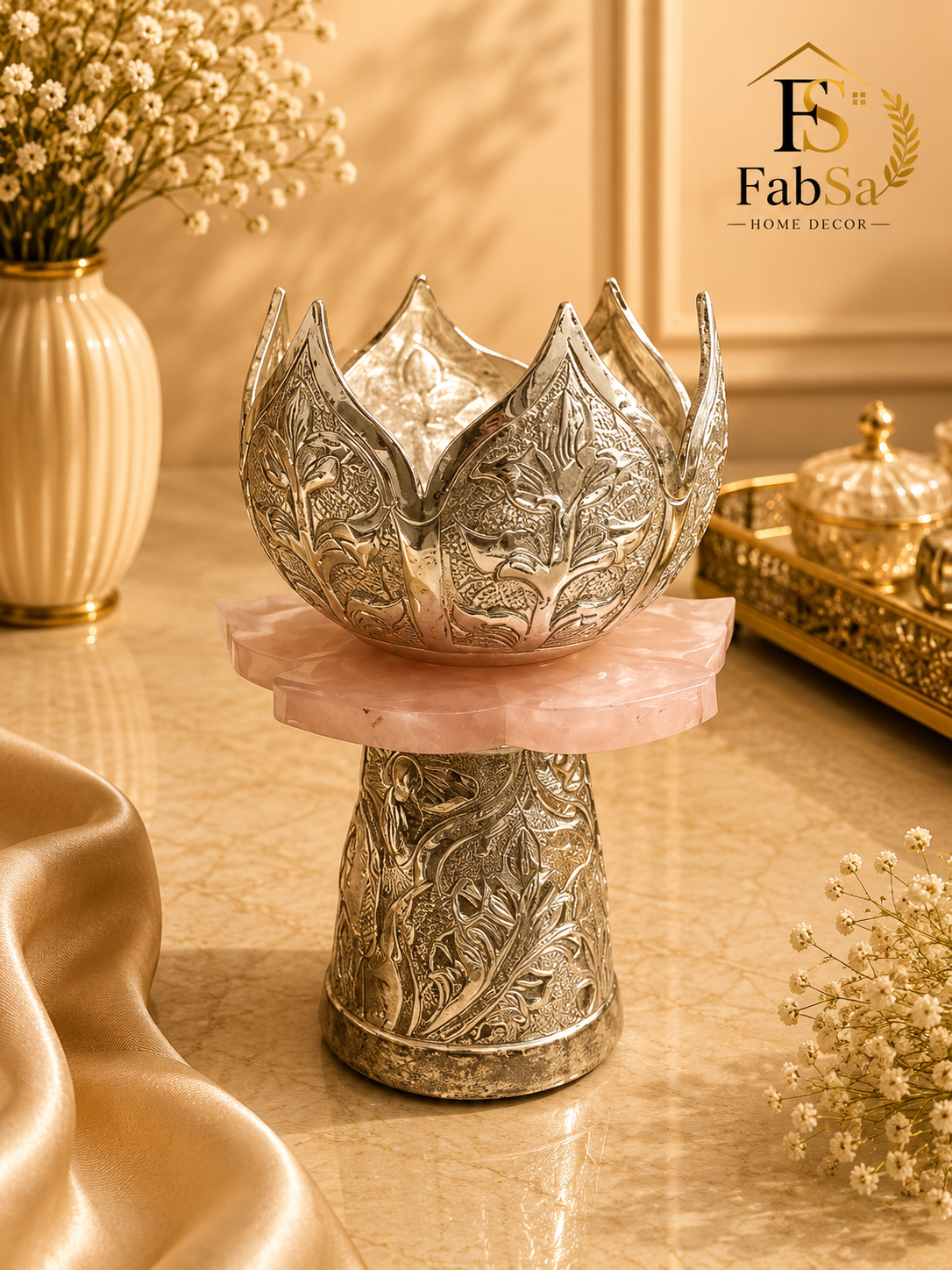 Engraved Silver Lotus Candle Holder