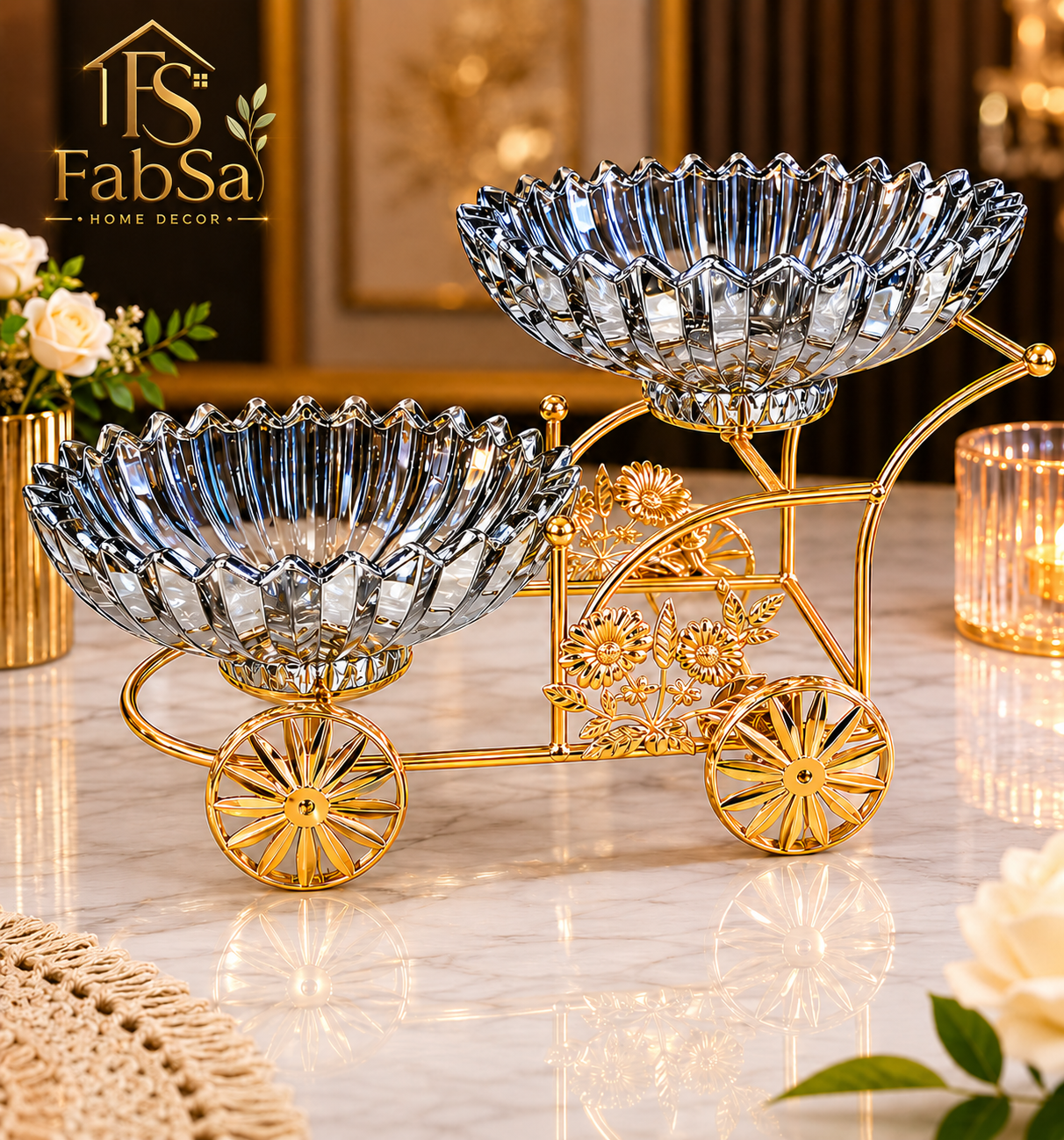 Crystal Flower Bowl Set with Golden Cart Stand