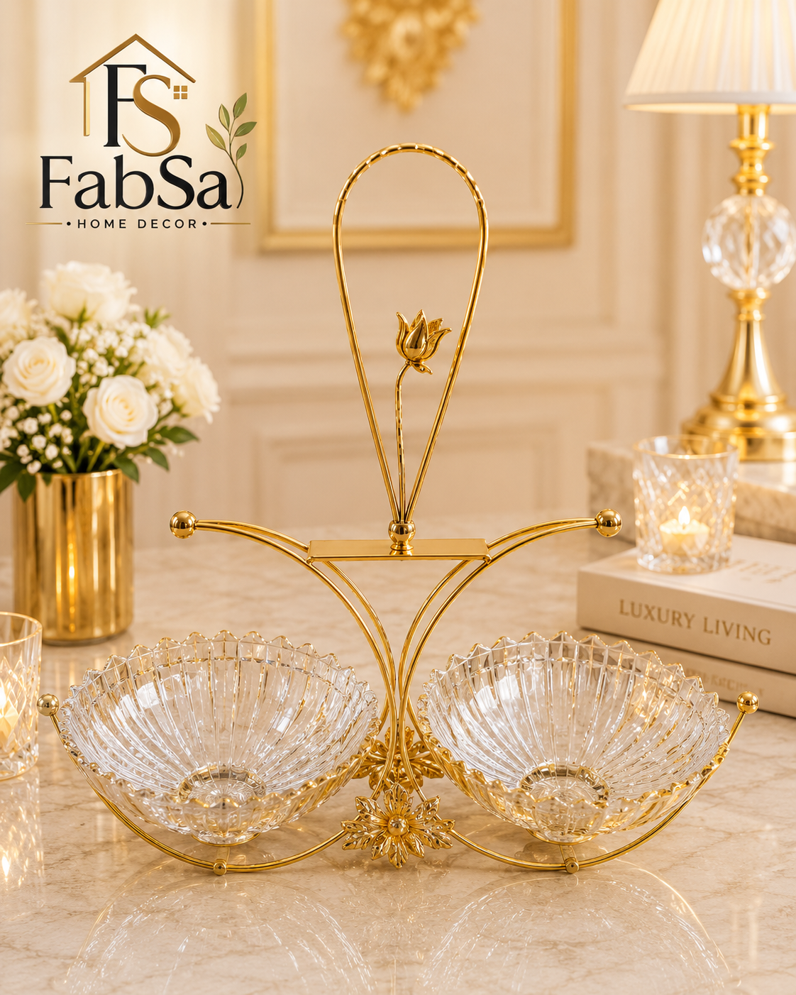 Crystal Glass Bowl Set with Gold Metal Stand