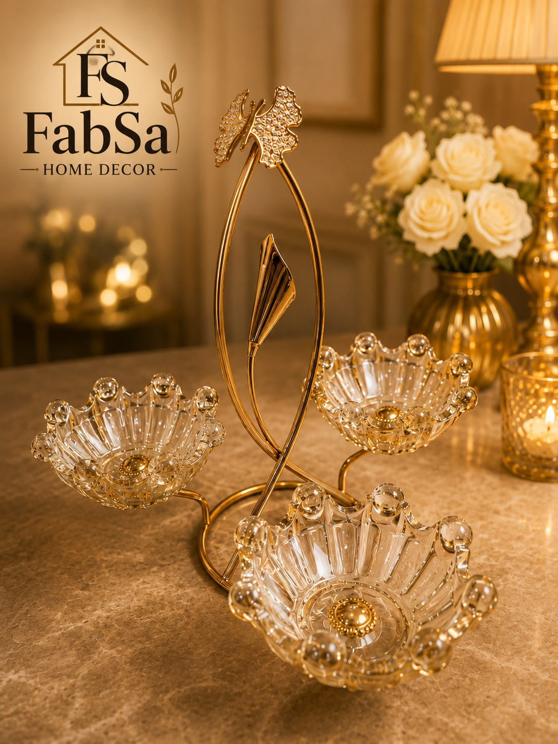 Crystal & Metal 3-Bowl Serving Stand