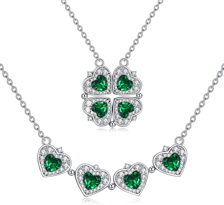 POPLYKE Sterling Silver Lucky Four Leaf Clover Necklace for Women Cubic Zirconia Folding Heart Love Pendant Necklace Jewelry