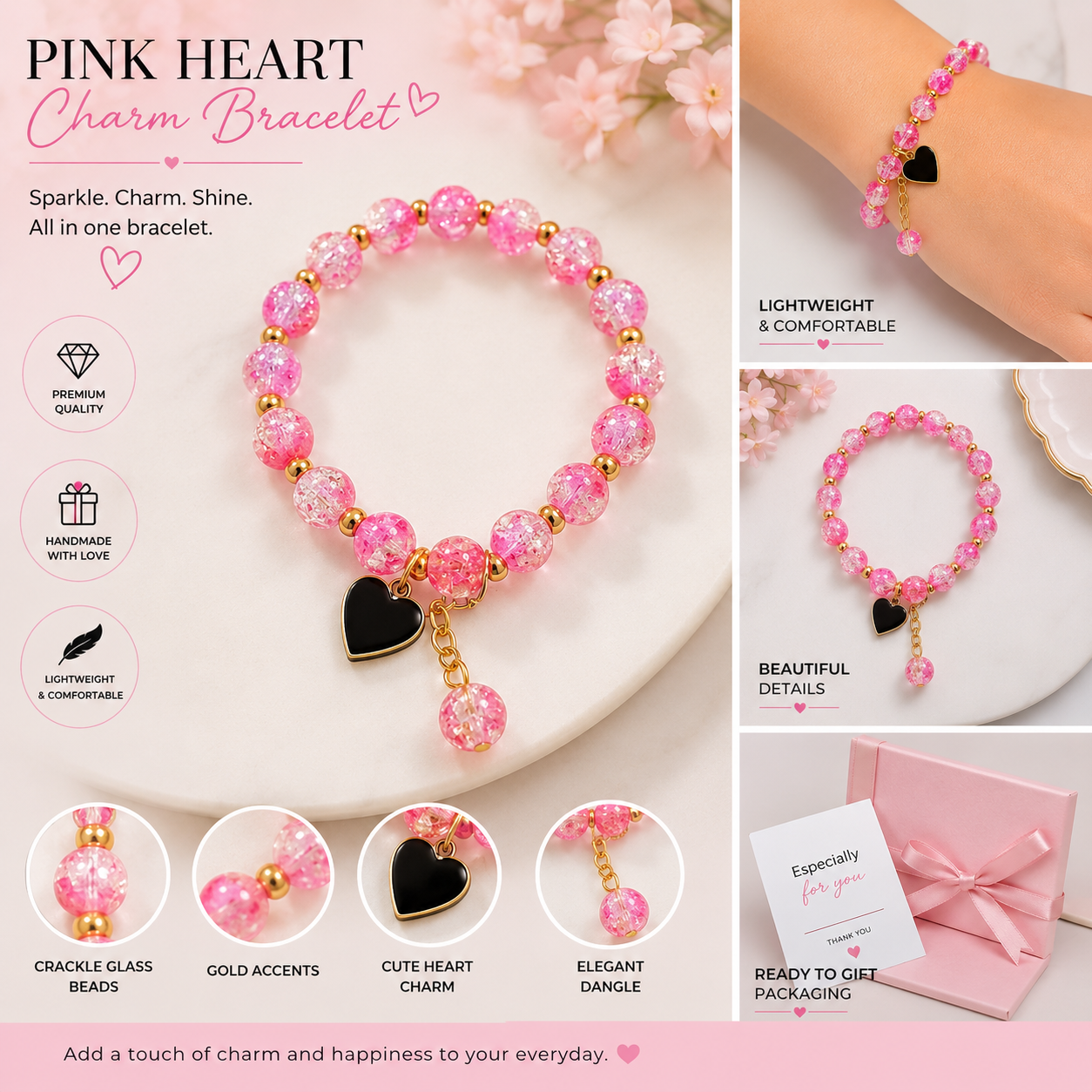 Pink Heart Charm Bracelet