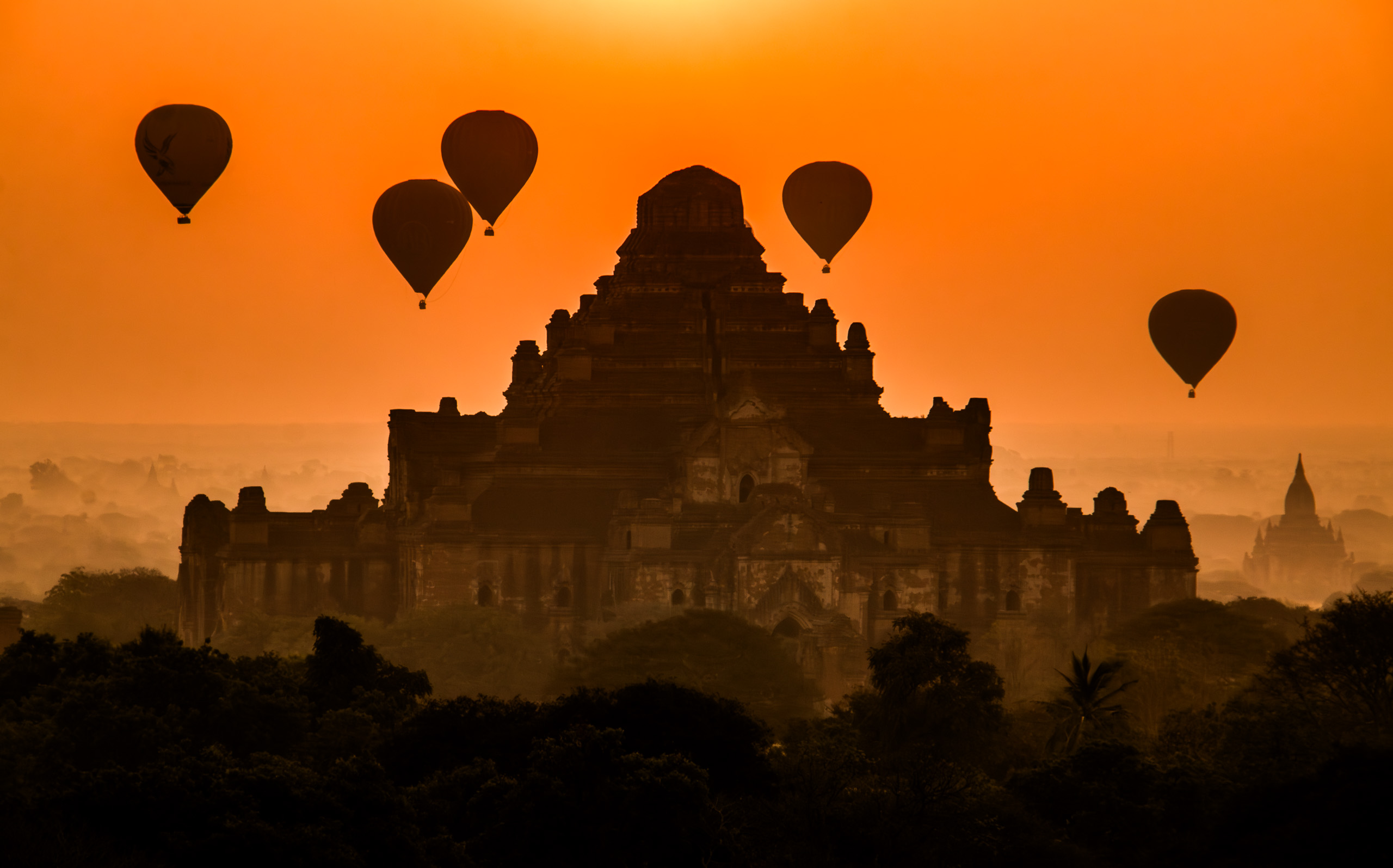 Hot Air Balloon Sunrise Over Ancient Temple Photo Print