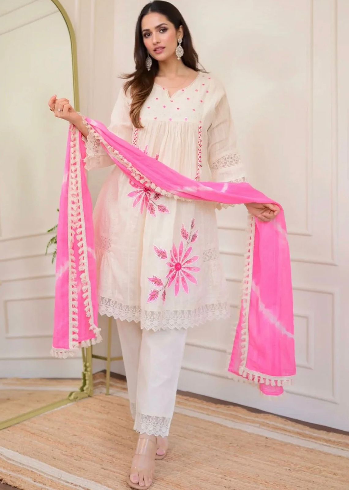 White printed Kurta with Trousers with dupatta