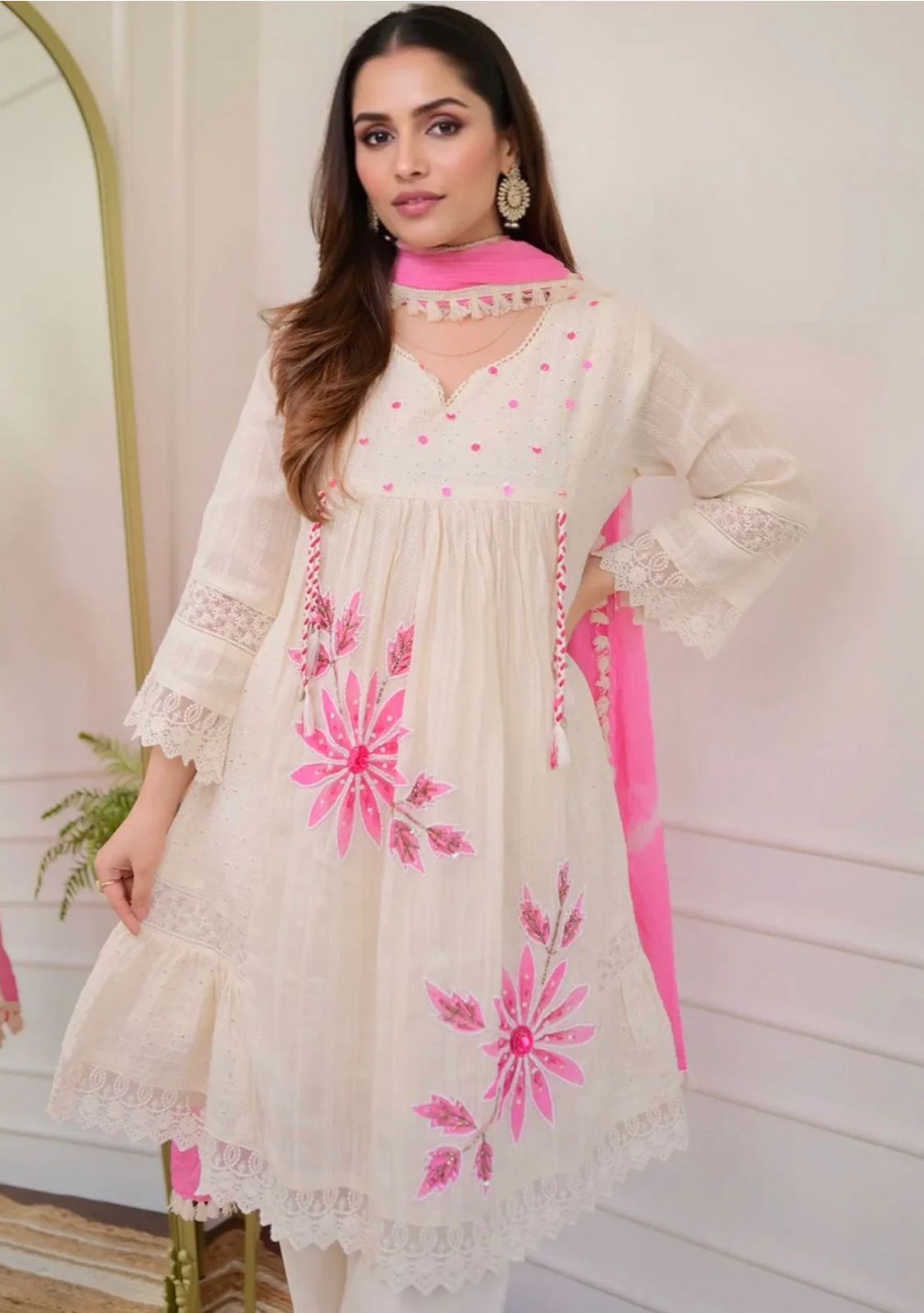 White printed Kurta with Trousers with dupatta