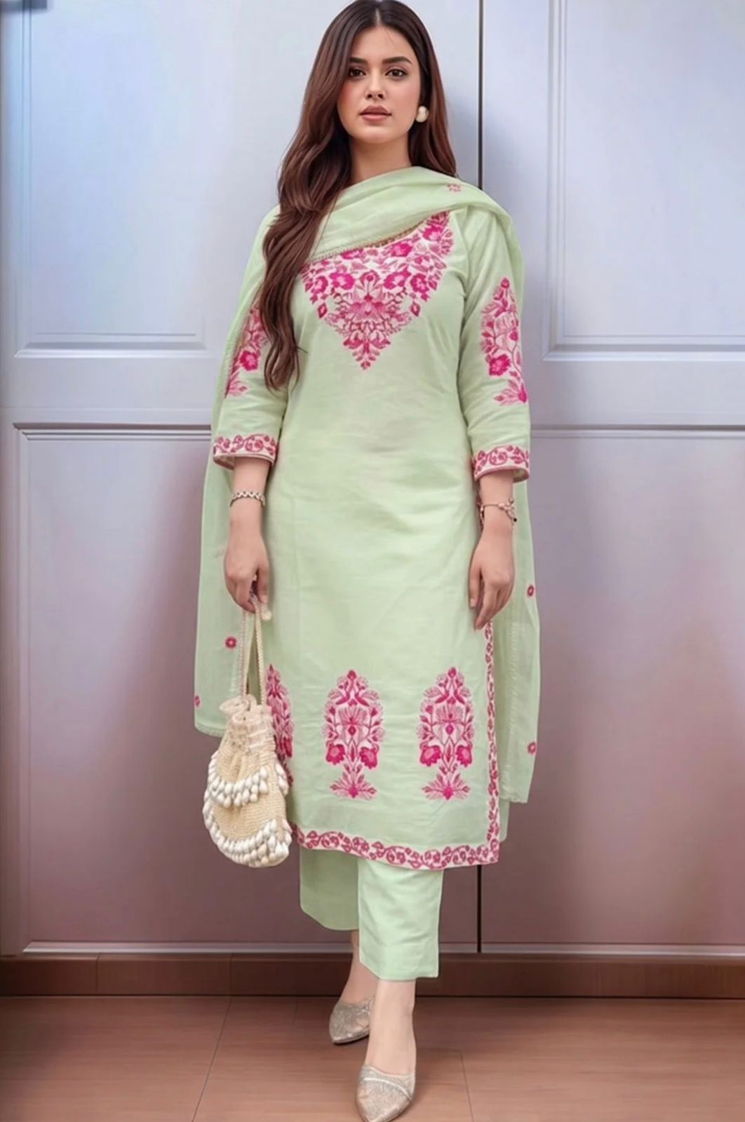 Green,Off white Embroidered Kurta with Trousers With Dupatta