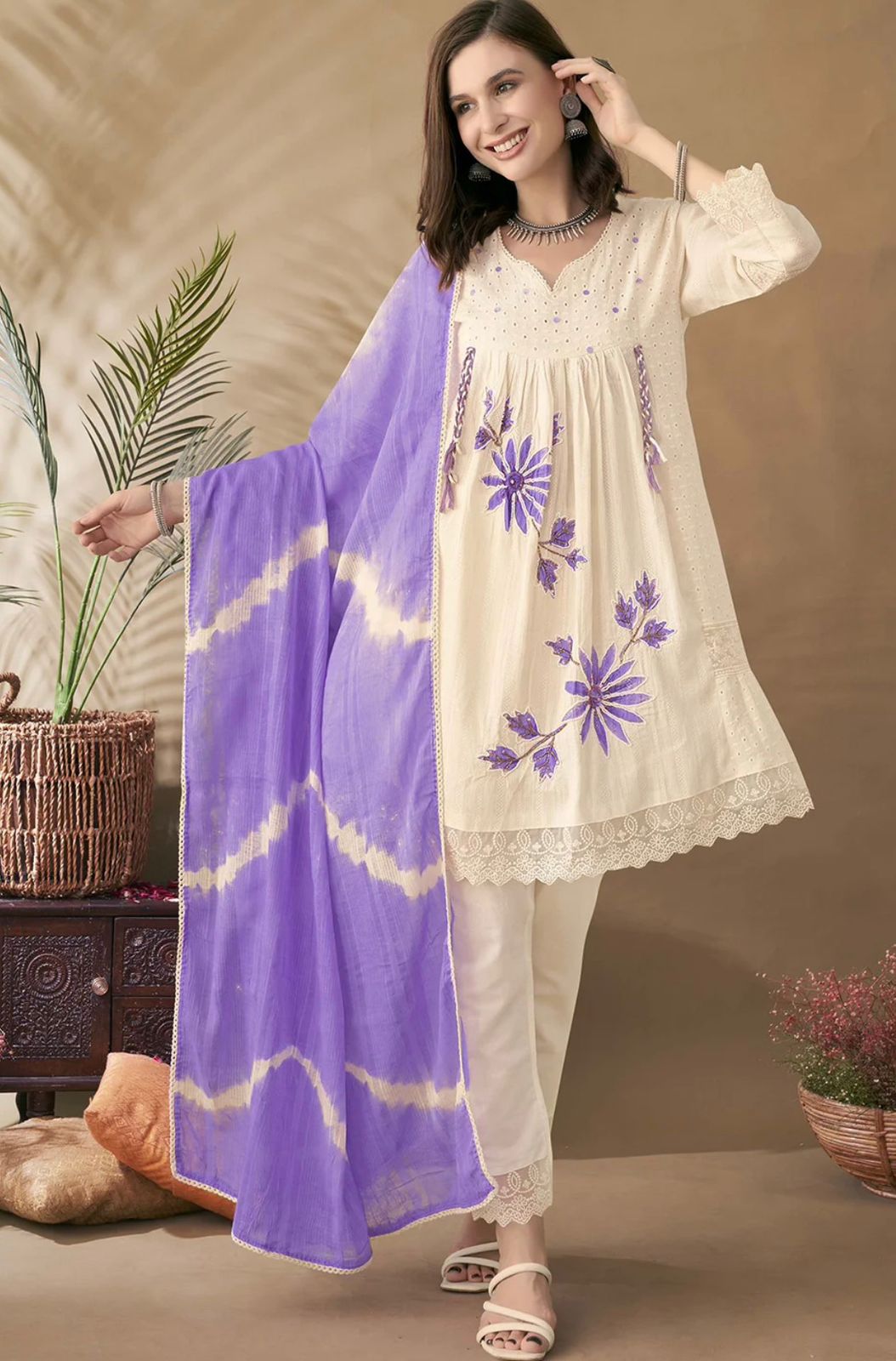 White printed Kurta with Trousers with dupatta