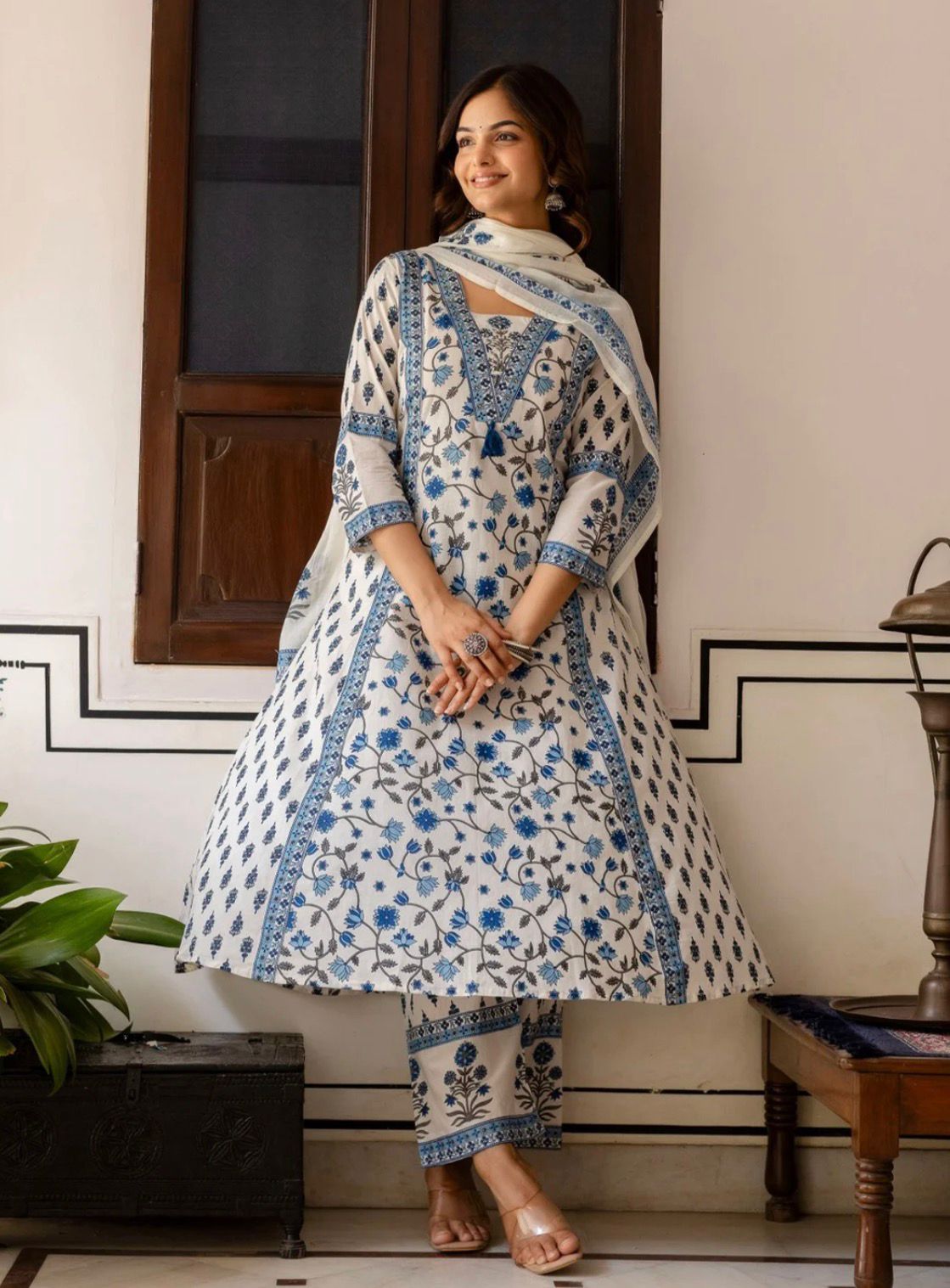 Women Floral Printed Cotton Kurta with Palazzo & Dupatta