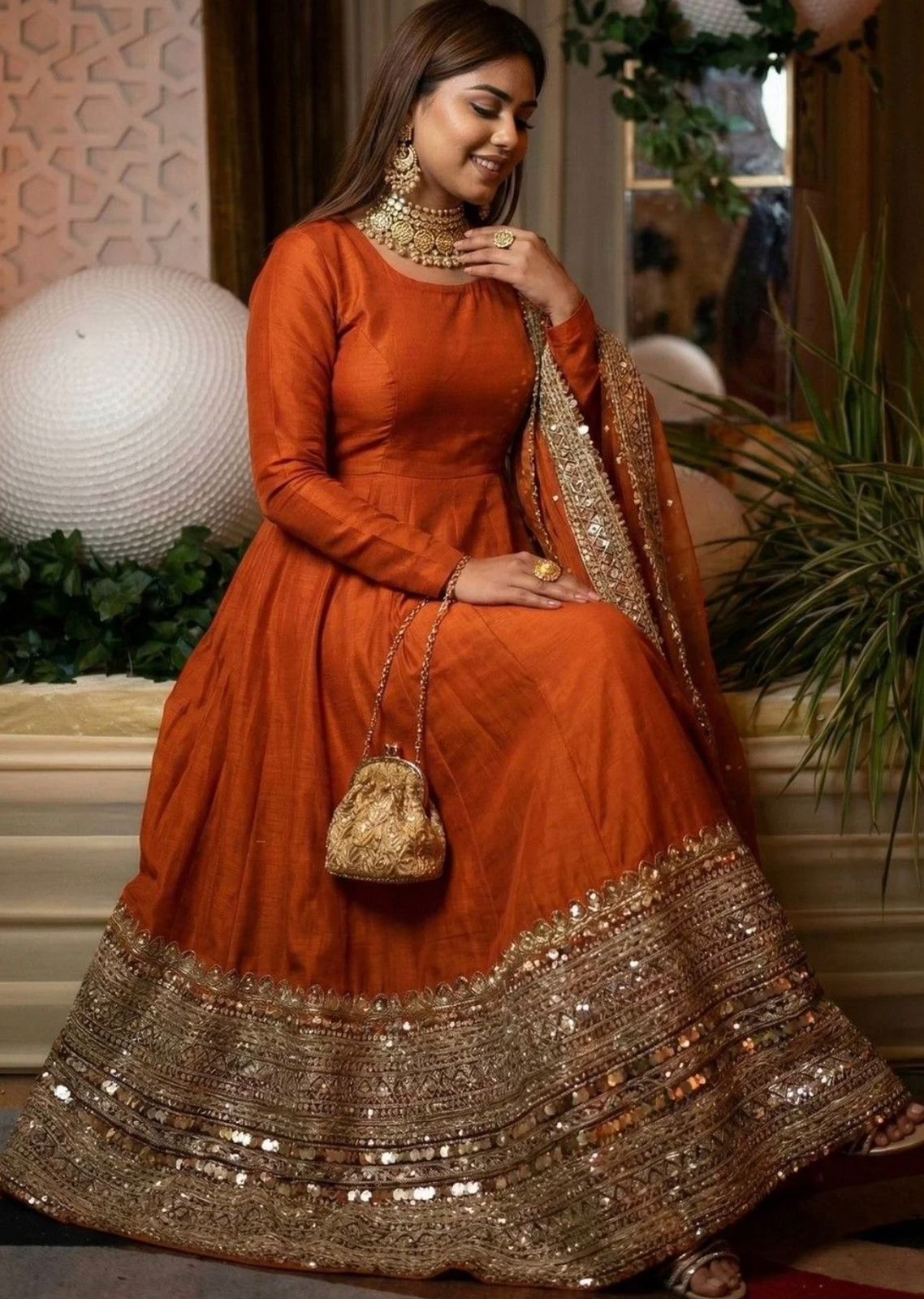 Orange Embroidered Kurta with Churidar With Dupatta