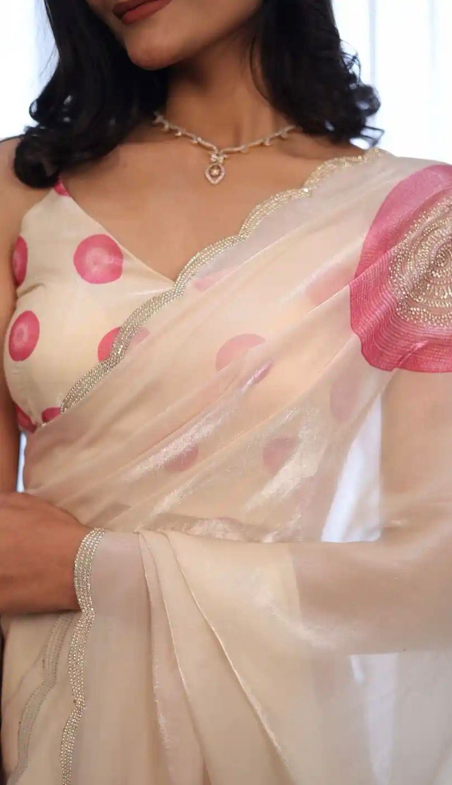 Pink & Off White saree  Embellished saree with Scallop border.