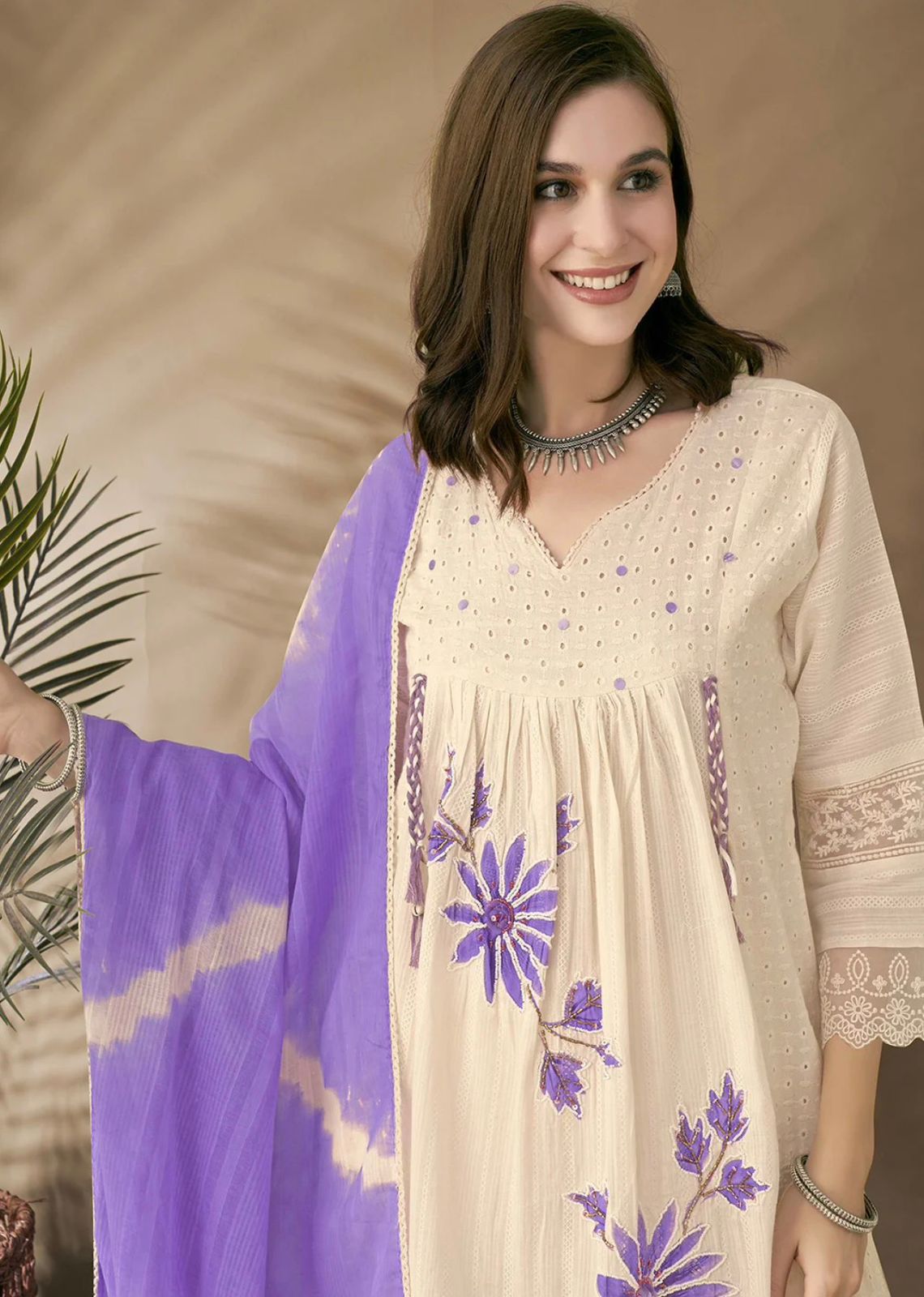 White printed Kurta with Trousers with dupatta