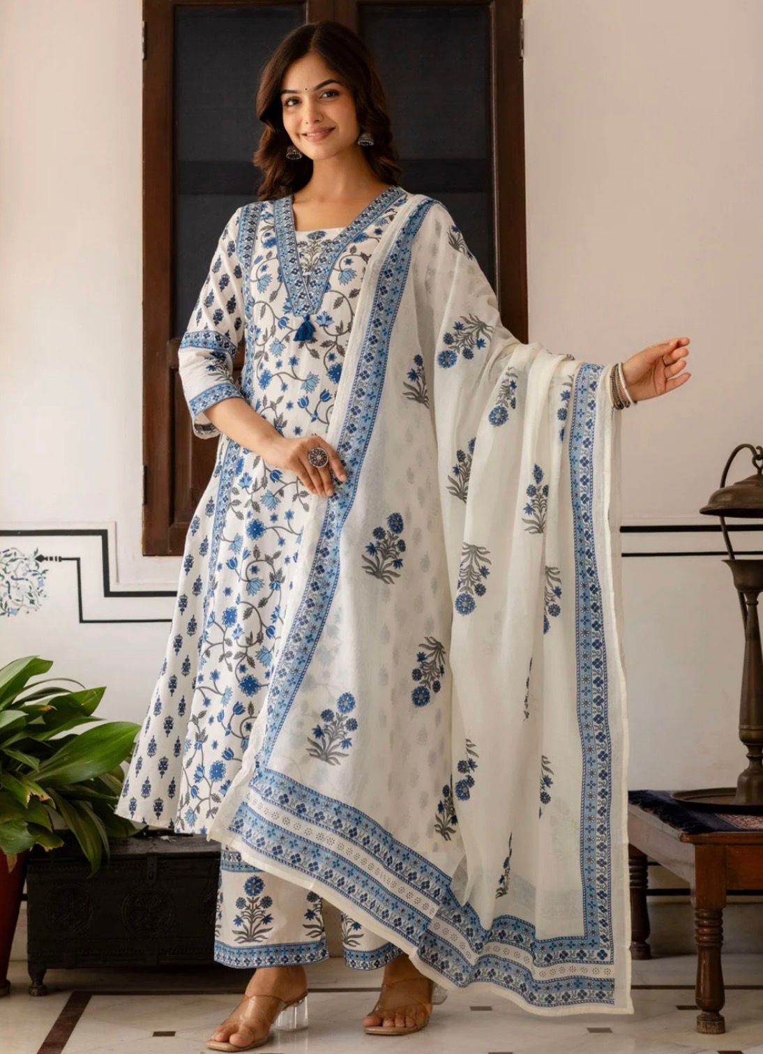Women Floral Printed Cotton Kurta with Palazzo & Dupatta