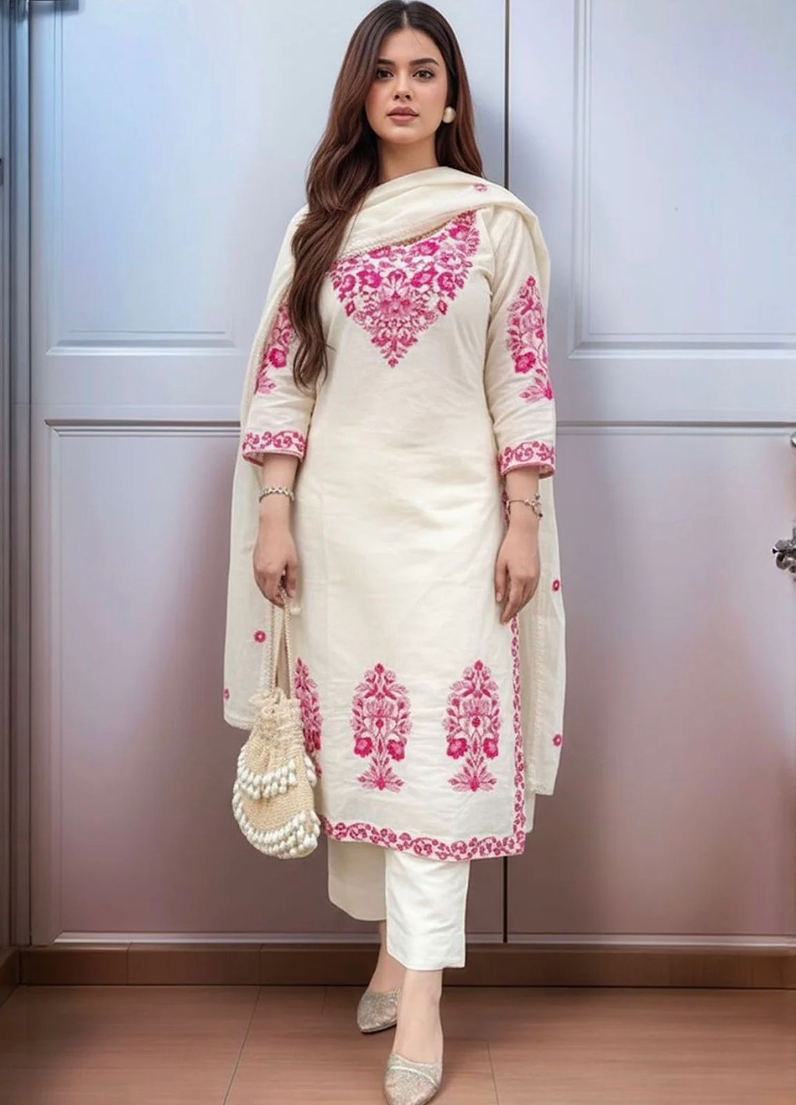 Green,Off white Embroidered Kurta with Trousers With Dupatta