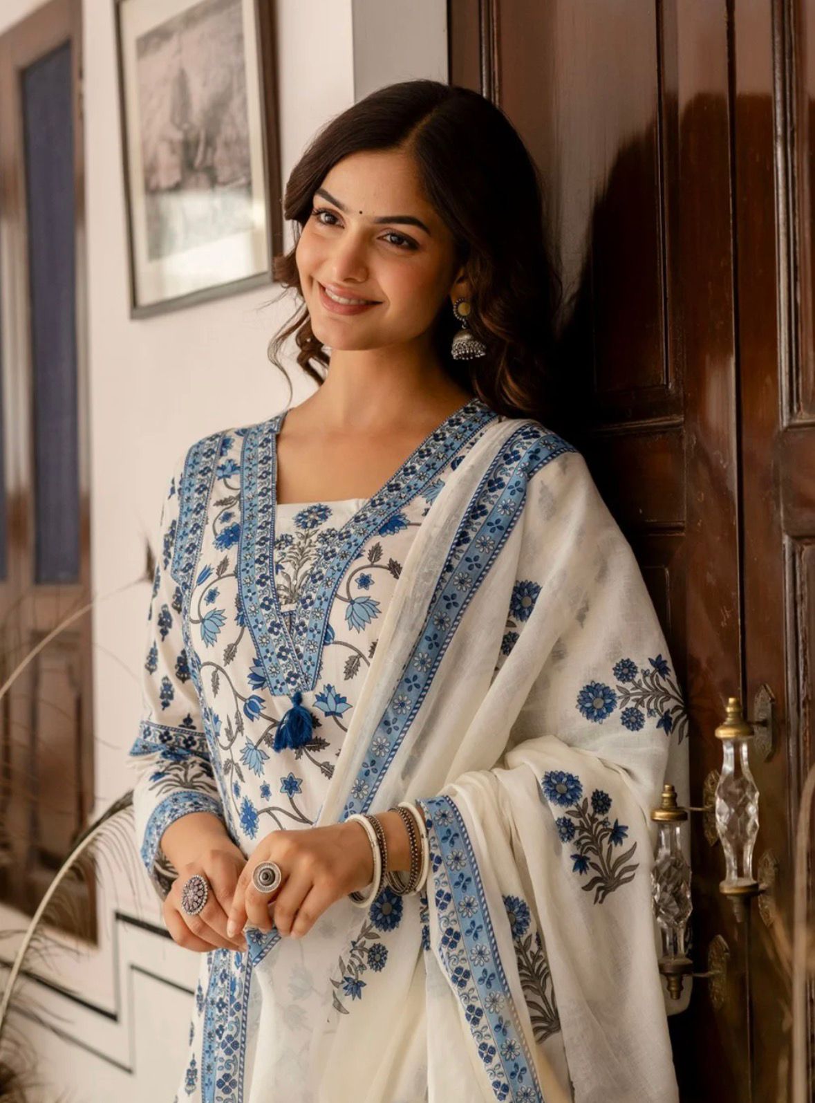 Women Floral Printed Cotton Kurta with Palazzo & Dupatta