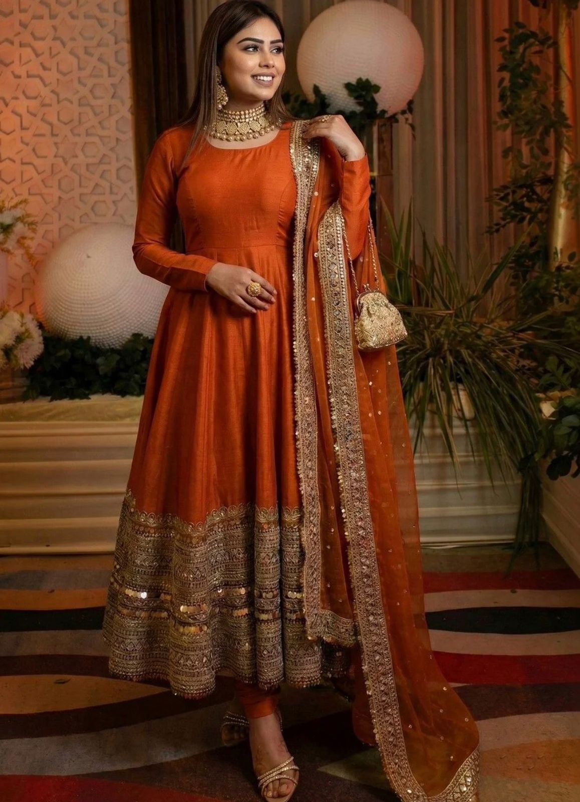 Orange Embroidered Kurta with Churidar With Dupatta