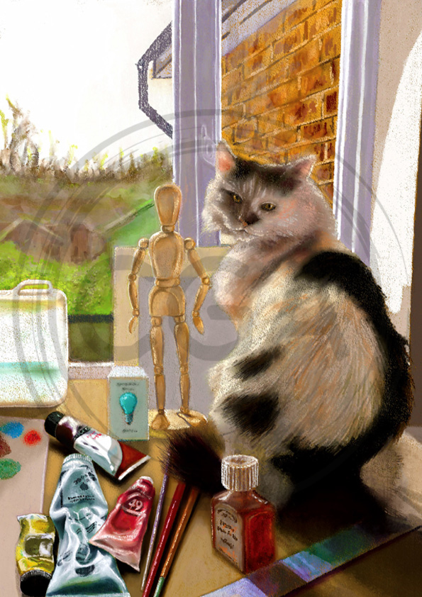 'The Art Studio Cat' - Charming Feline Companion Art Print