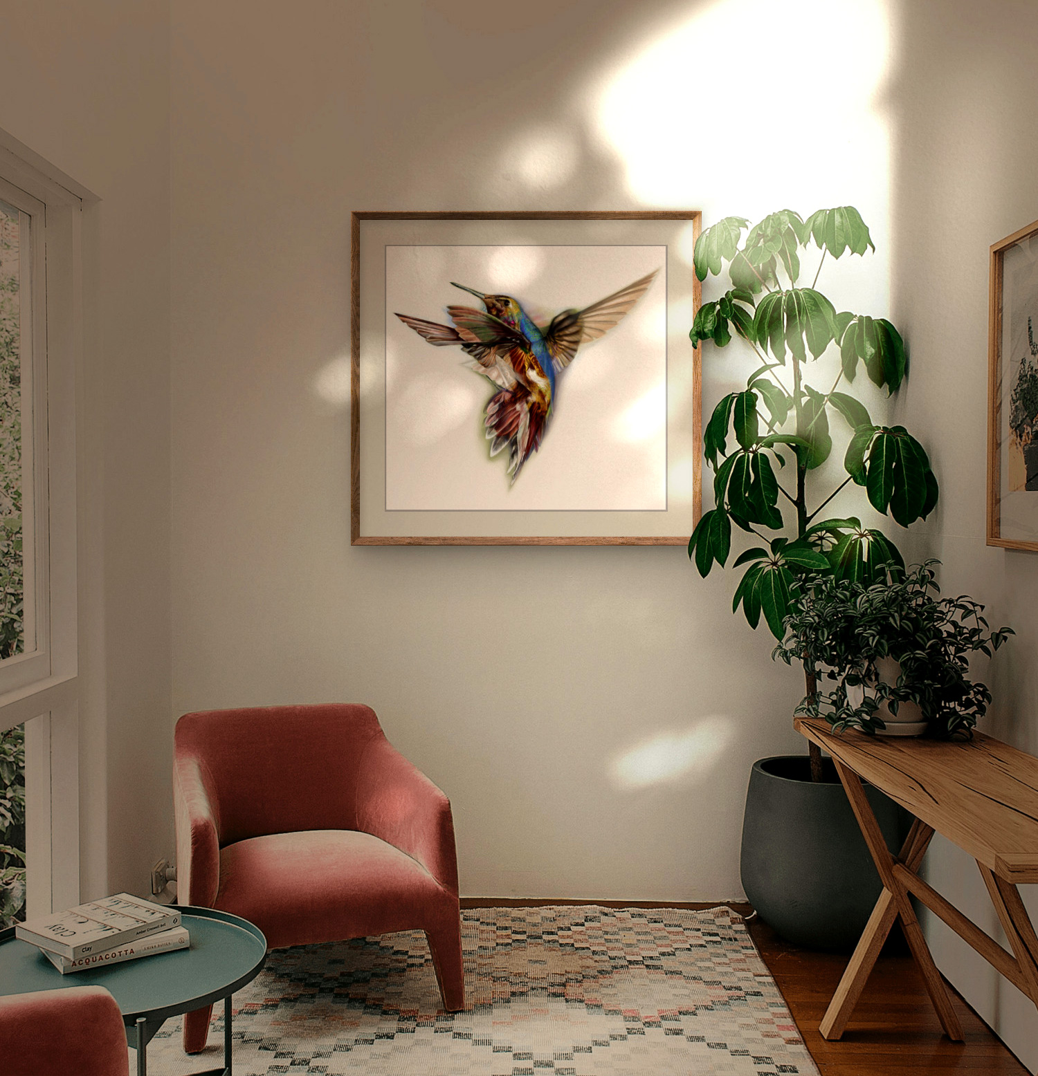 'Shimmers of Colour' - Majestic Shimmering Hummingbird in Flight Art Print