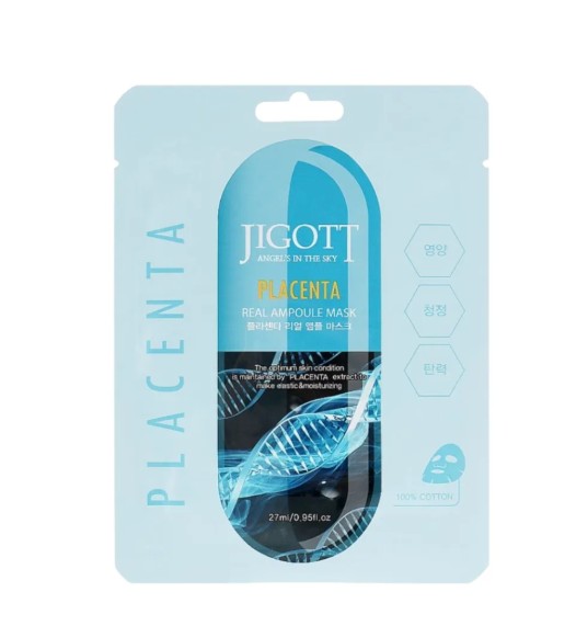 Jigott – Placenta Real Ampoule Mask,  Maitinanti lakštinė veido kaukė 27ml