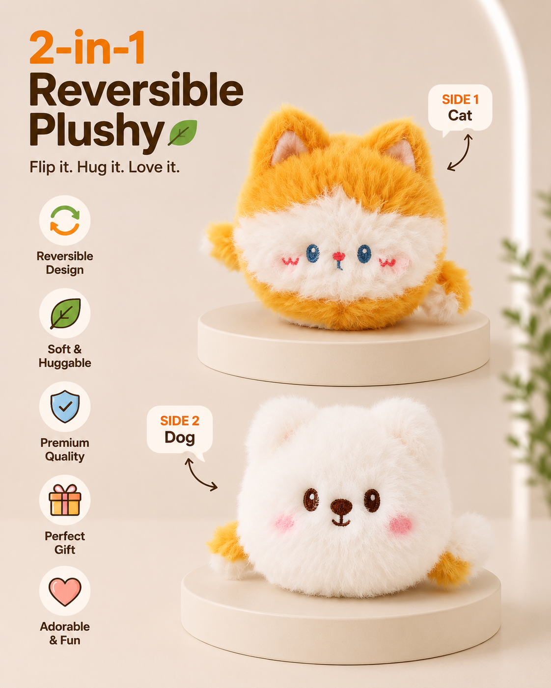 Limited Edition: 2-in-1 Kitten & Puppy Reversible Plushie - Magnetic Shoulder Buddy