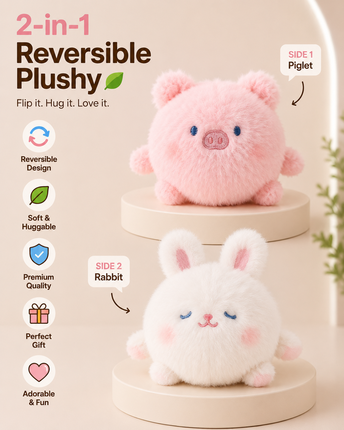 Limited Edition: 2-in-1 Piglet & Bunny Reversible Plushie - Magnetic Shoulder Buddy