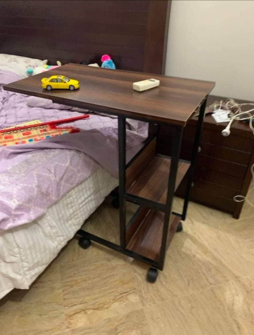 Multifunctional  Laptop Bedside Table with Book Rack – Mobile & Study or bedside eating  movable Desk table, Iron wood elegant quality table for bedside use, lifelong durable quality table