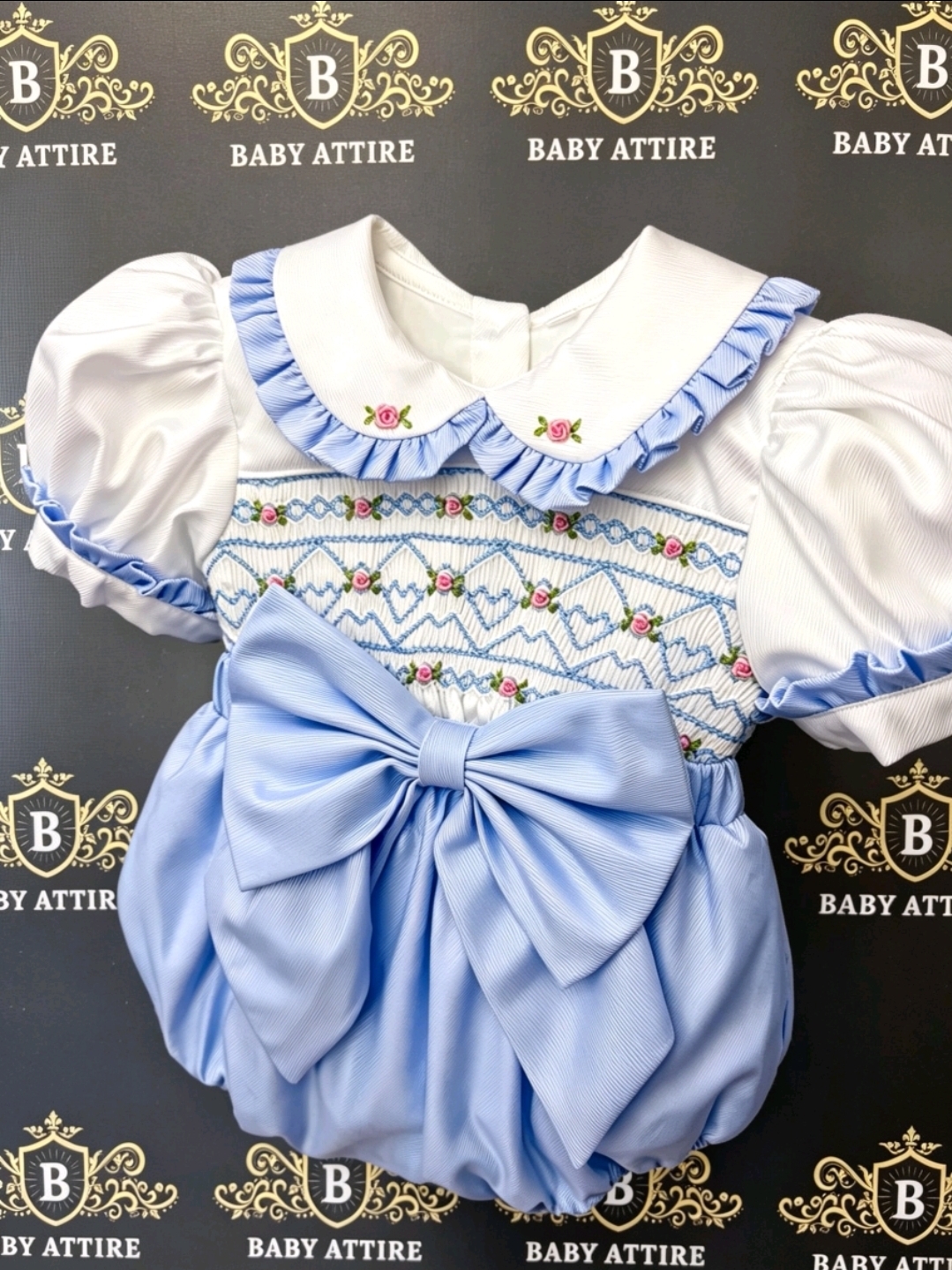 Girls Blue Handmade Smocked Romper