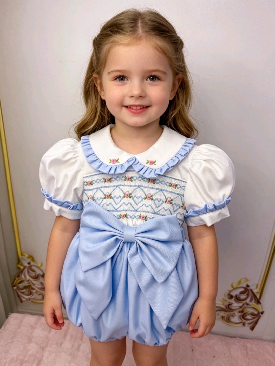 Girls Blue Handmade Smocked Romper