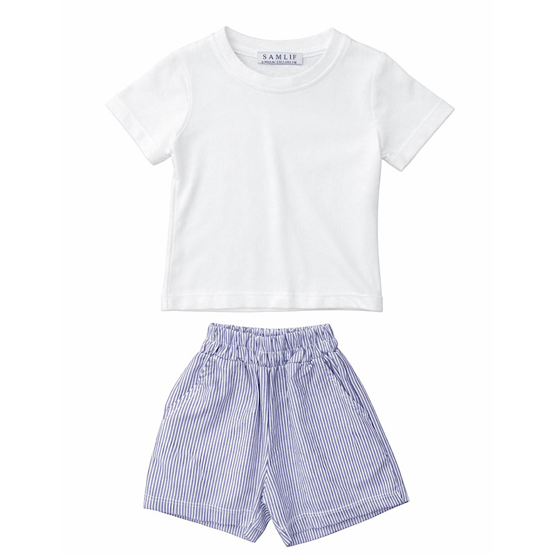 T-Shirt & Purple Pinstripe Shorts Set