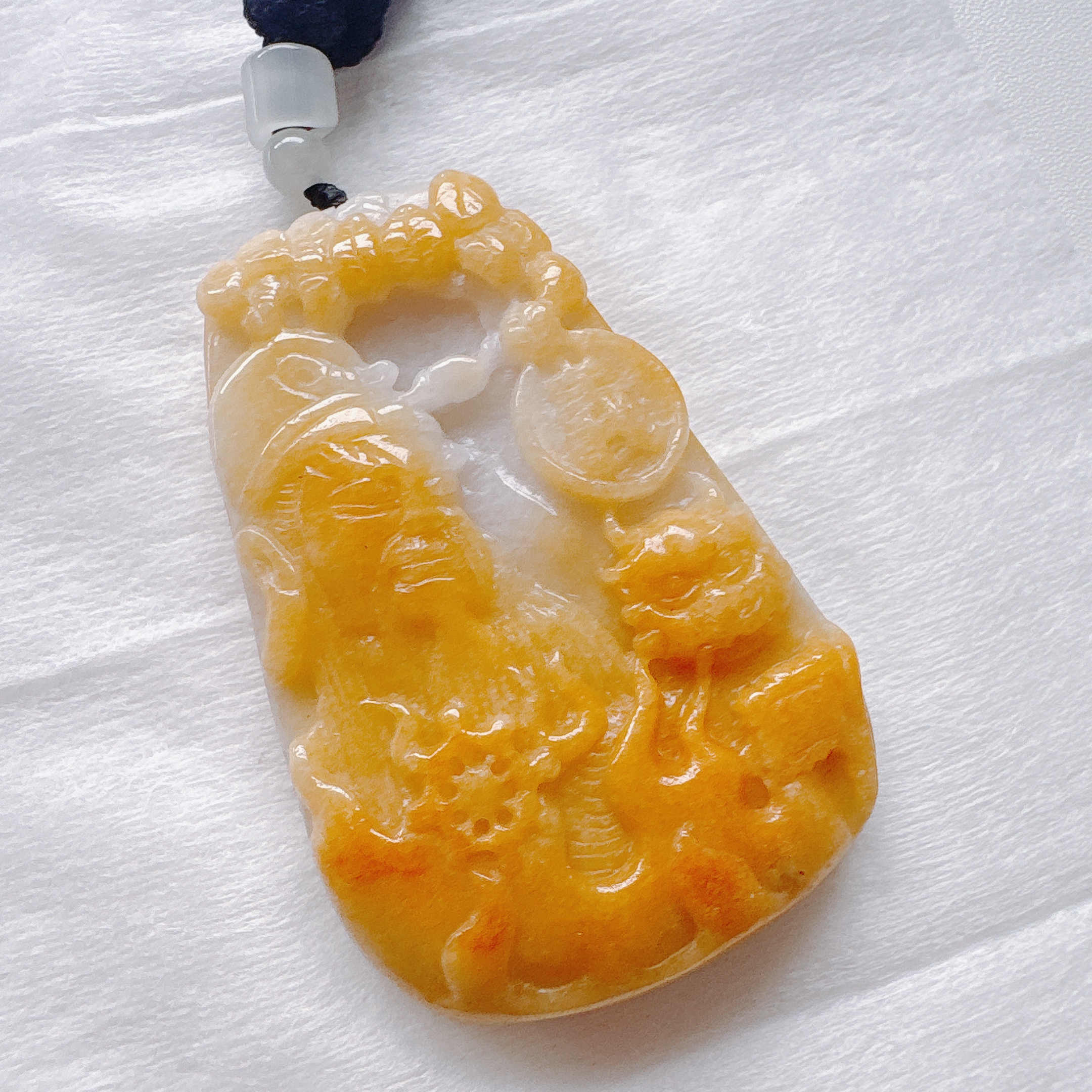 73mm White Honey-Golden Jadeite Guangong Dragon Pendant