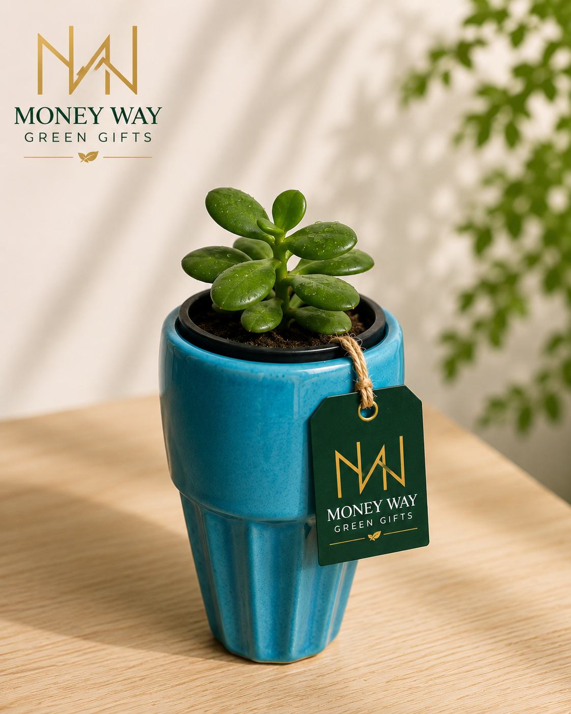 Jade Plant in Blue Ceramic Pot