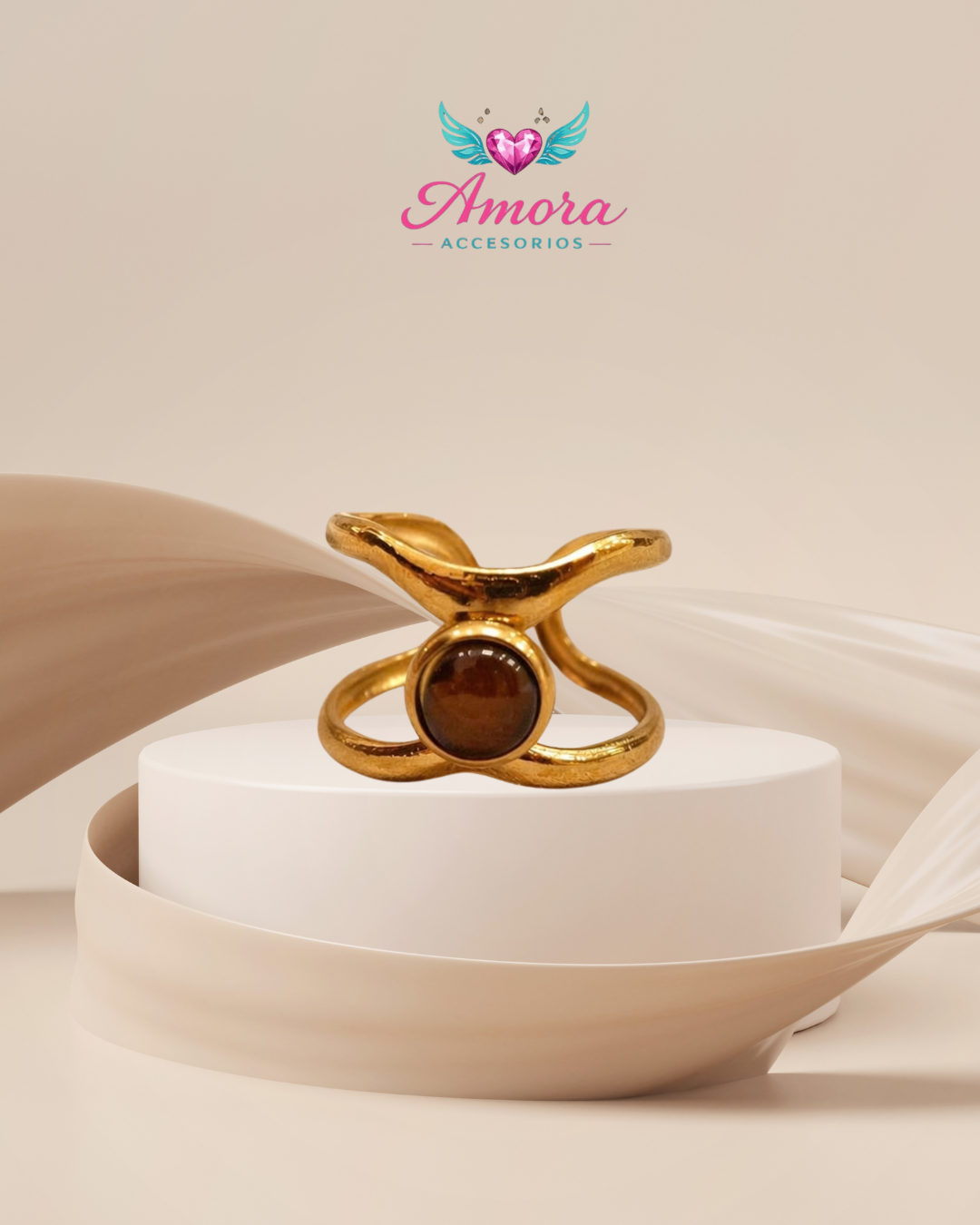 Anillo Dorado ajustable color cafe 