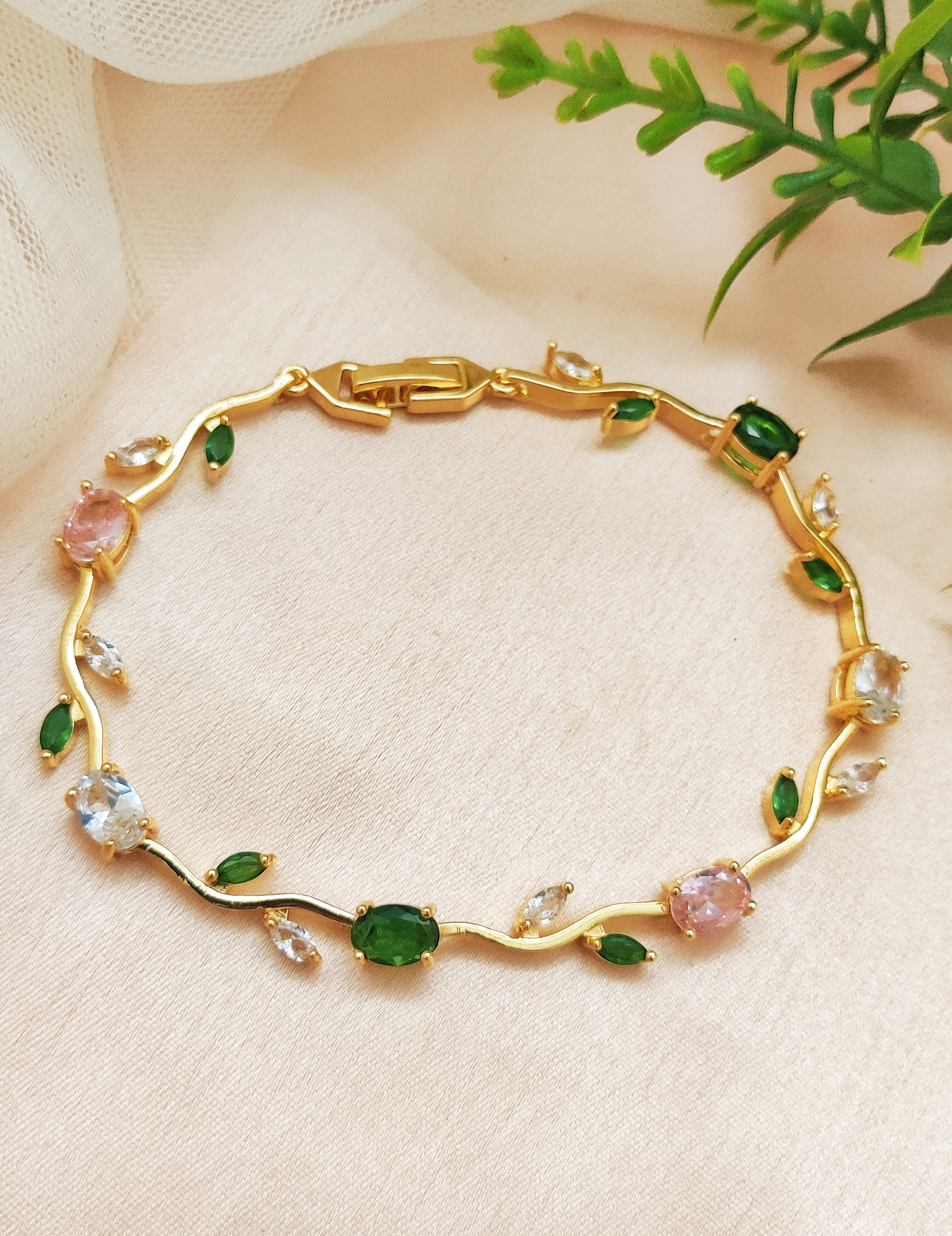 Pink Green Vine Tulip Gold Bracelet