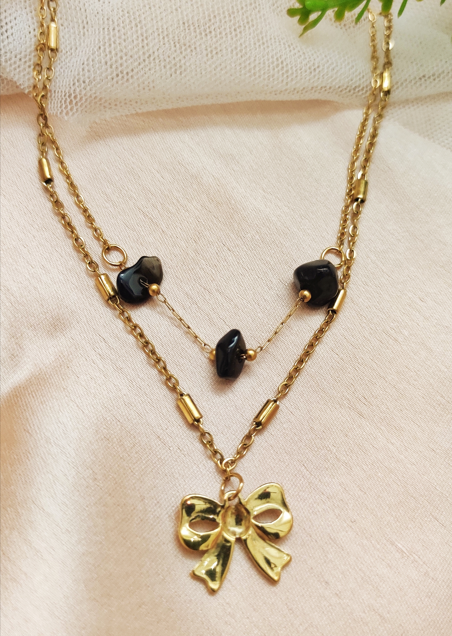 Gold-plated Bow  Double Layered Pendant Necklace