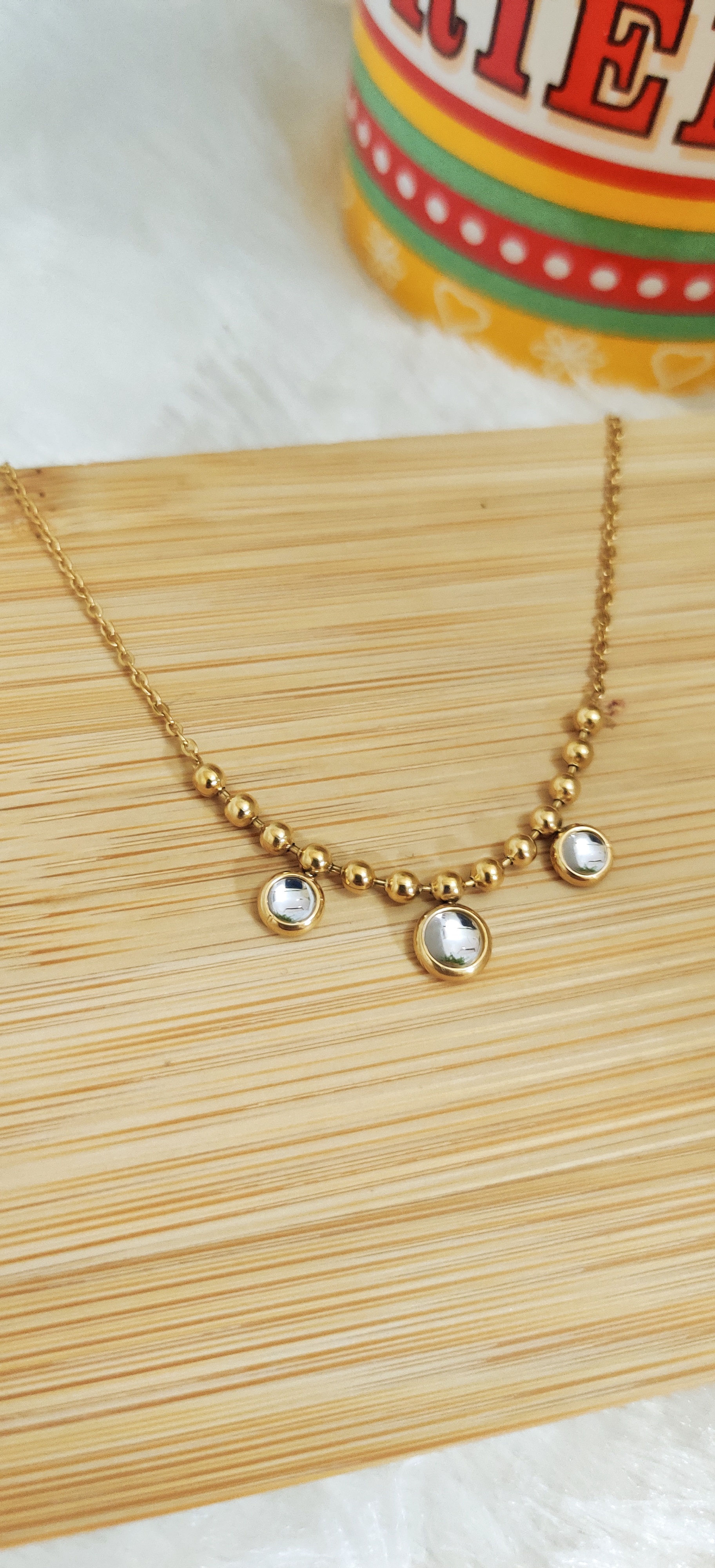 Gold Tone Beaded Necklace with Mirror Accents