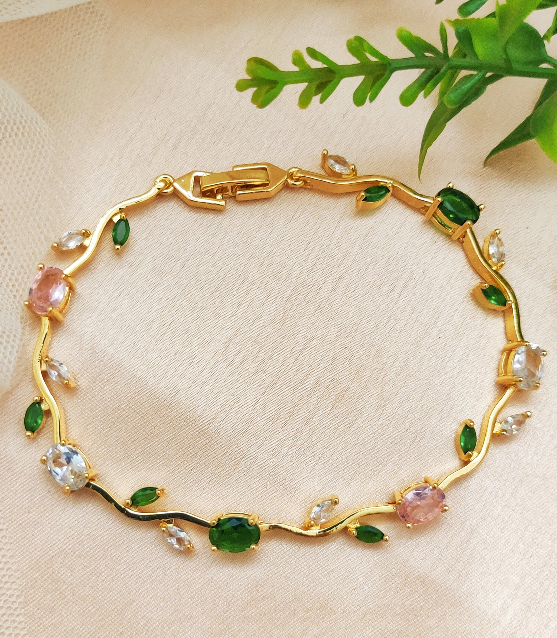 Pink Green Vine Tulip Gold Bracelet