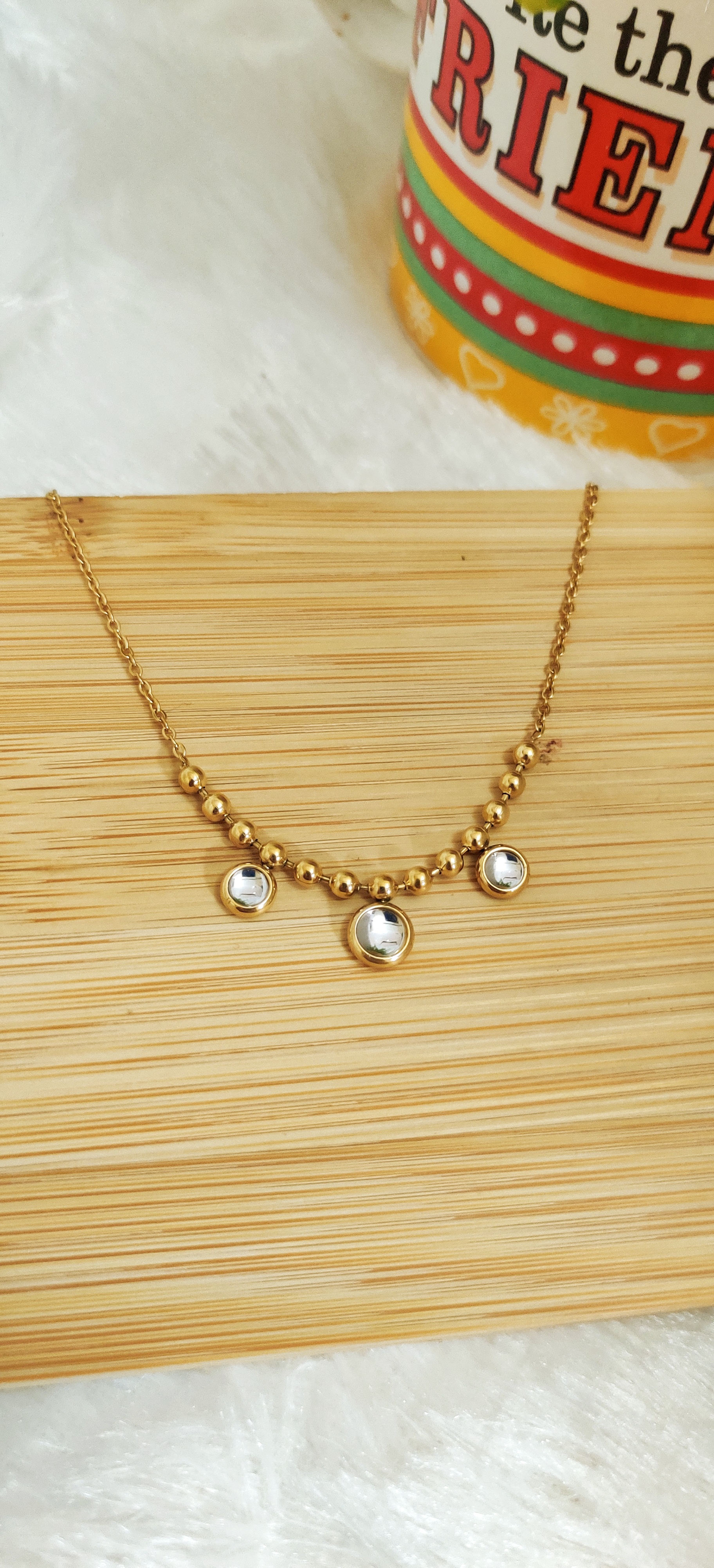 Gold Tone Beaded Necklace with Mirror Accents