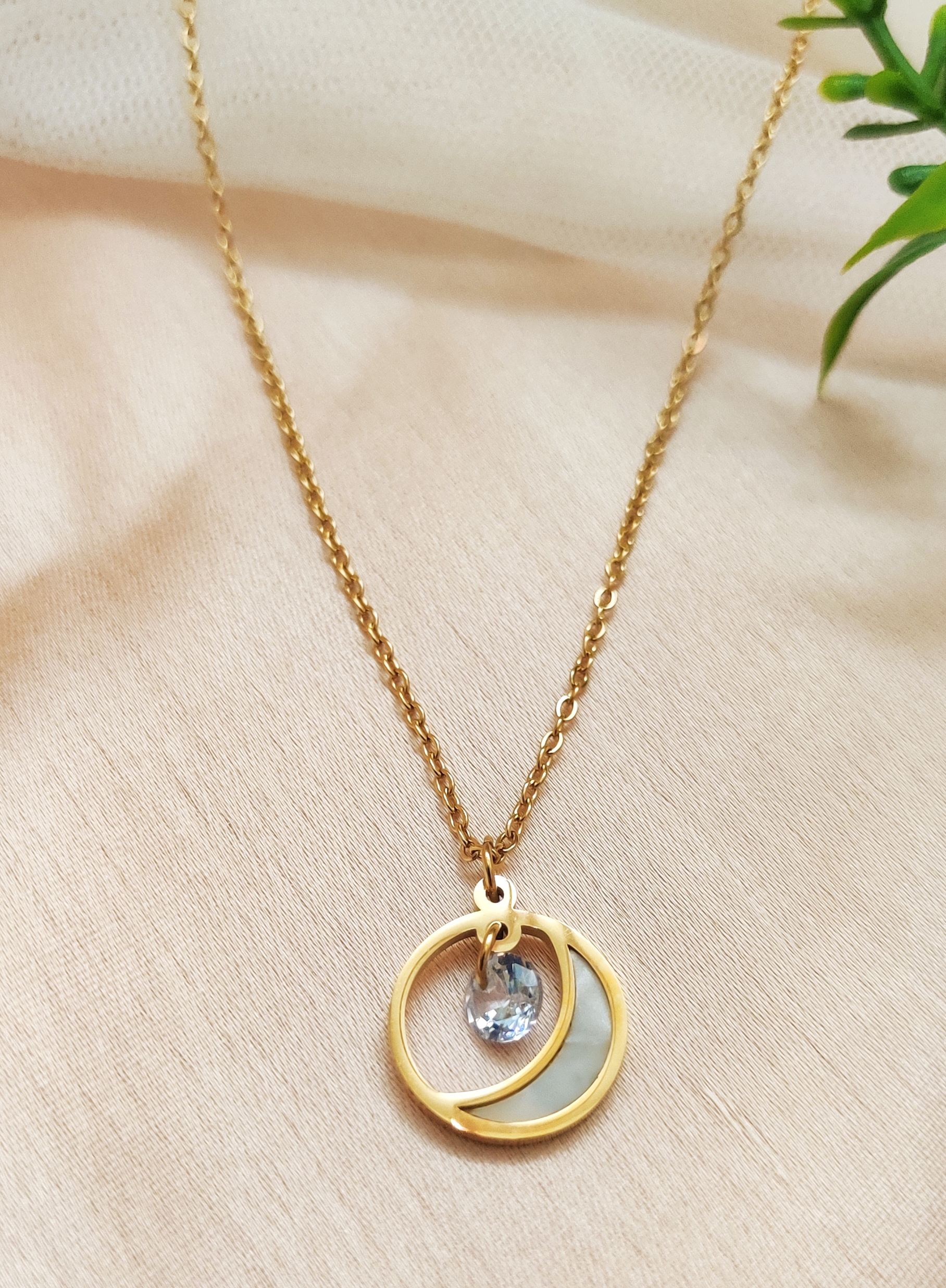 Gold White Crescent Moon Pendant Necklace
