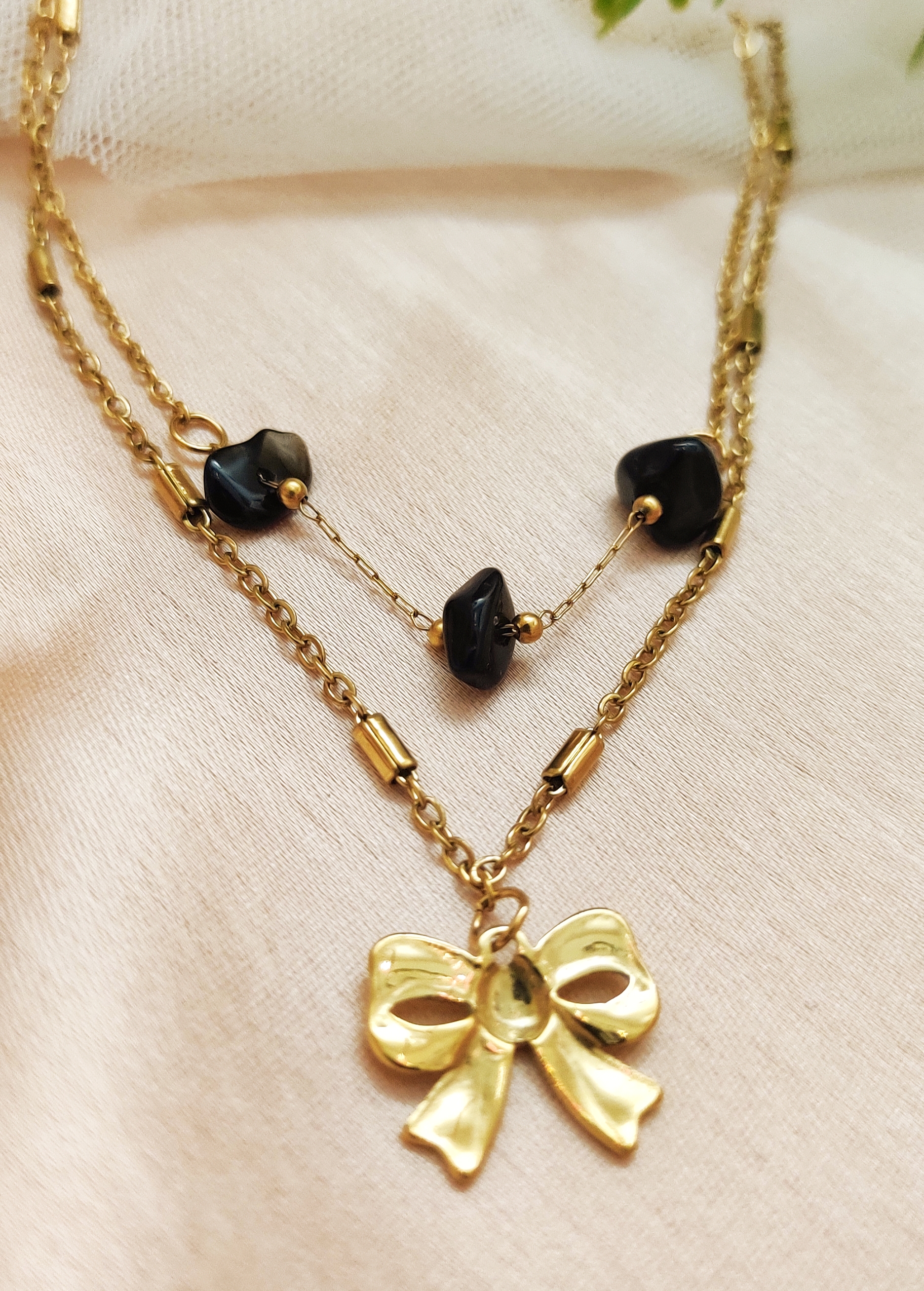 Gold-plated Bow  Double Layered Pendant Necklace