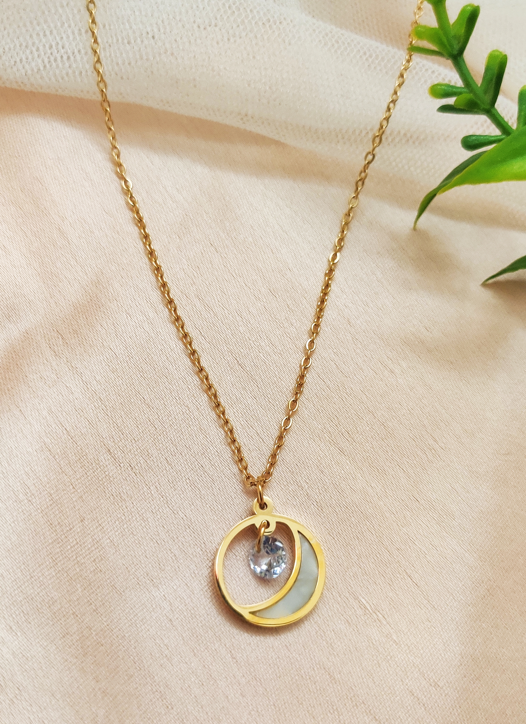 Gold White Crescent Moon Pendant Necklace