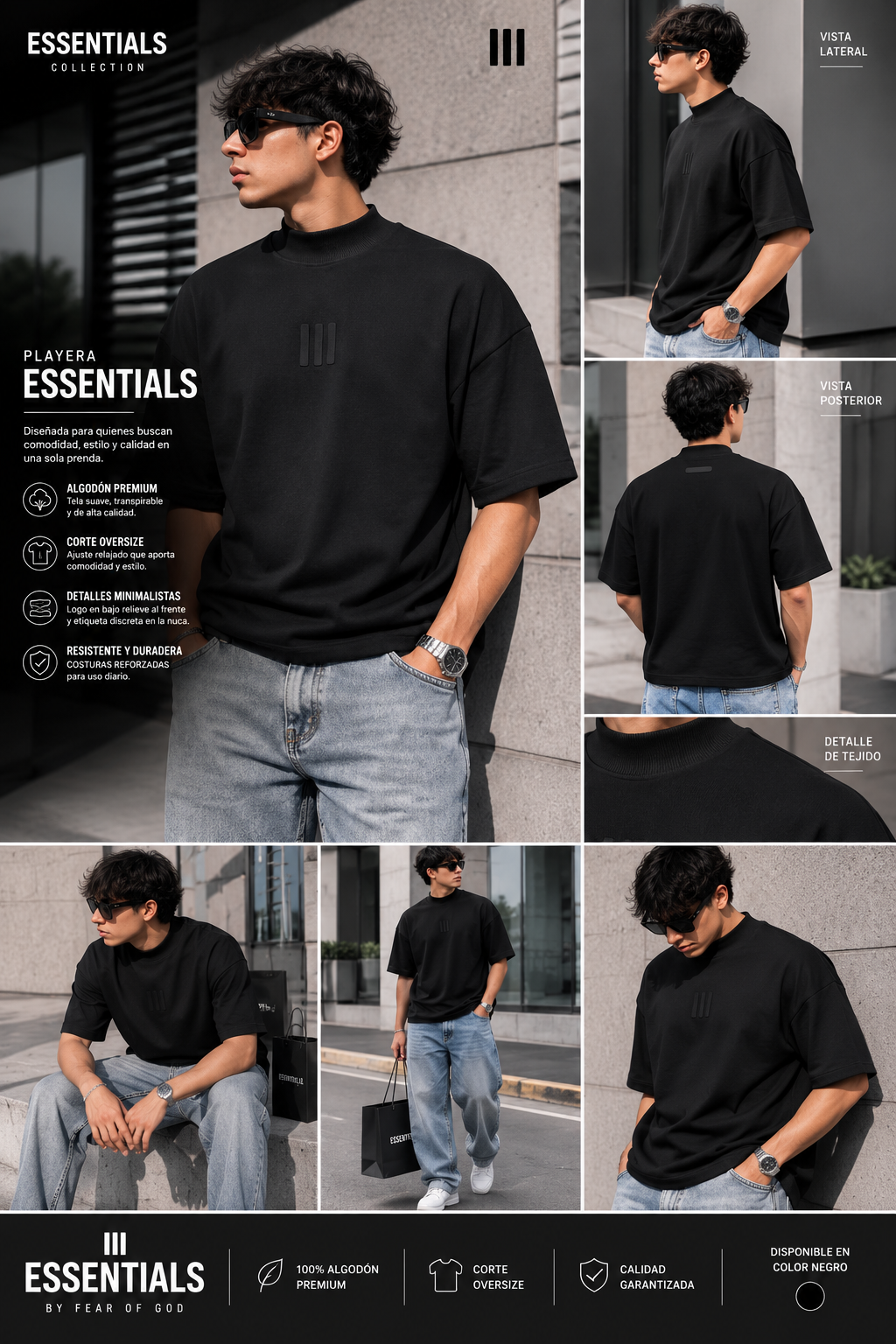 Playera Oversize Negra Essentials y Adidas 