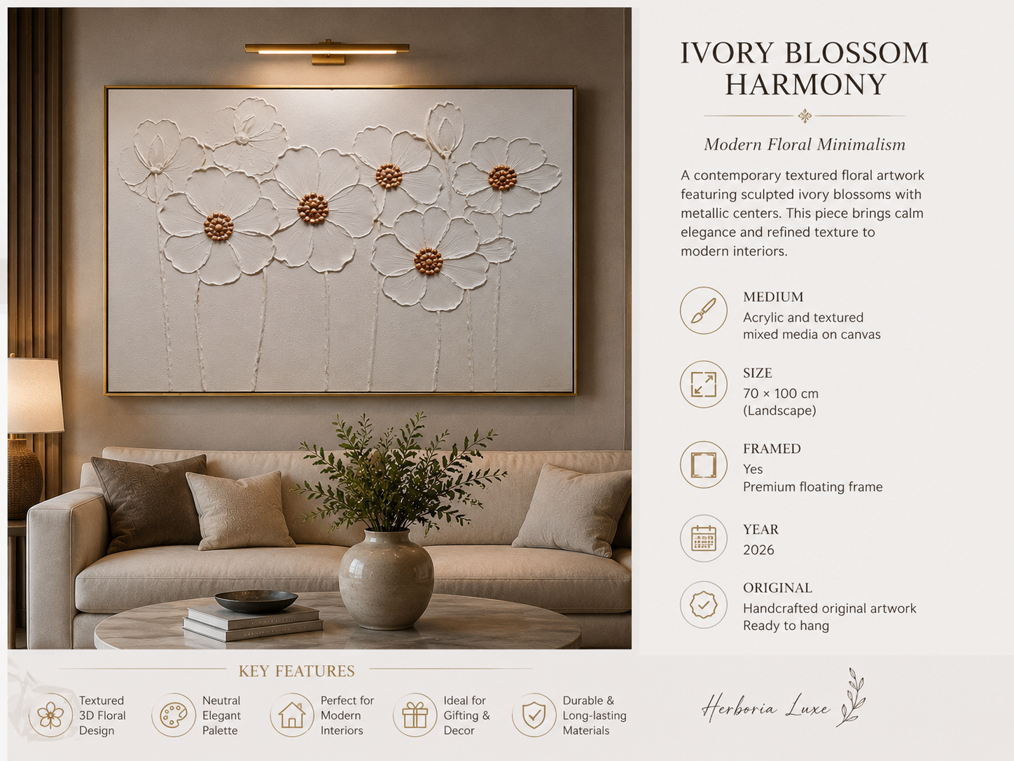 Ivory Blossom Harmony Large Textured Floral Wall Art