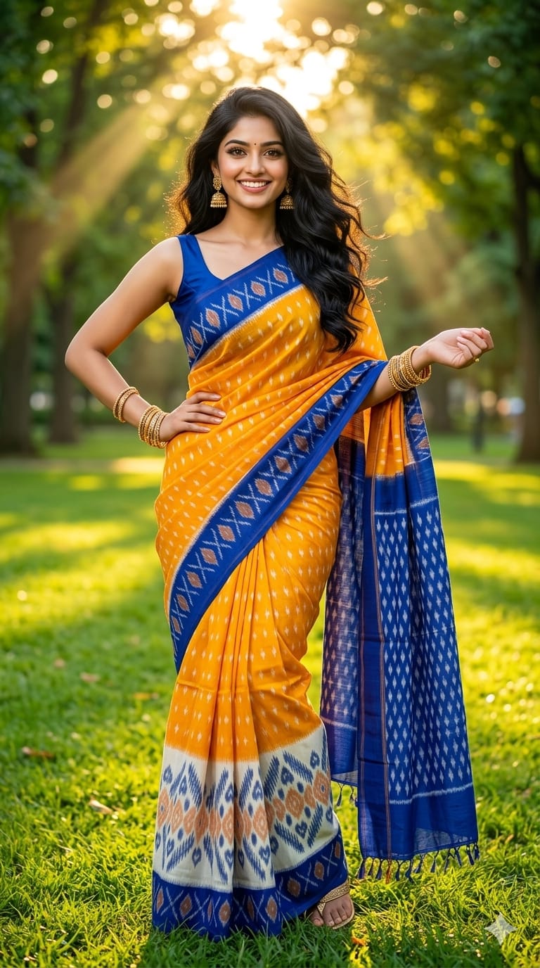 Elegant Blue & Yellow Ikat Saree