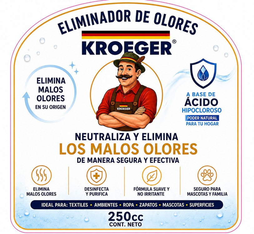 Kroeger Eliminador de Olores con Ácido Hipocloroso (HOCl) 300 ppm – 250 ml 