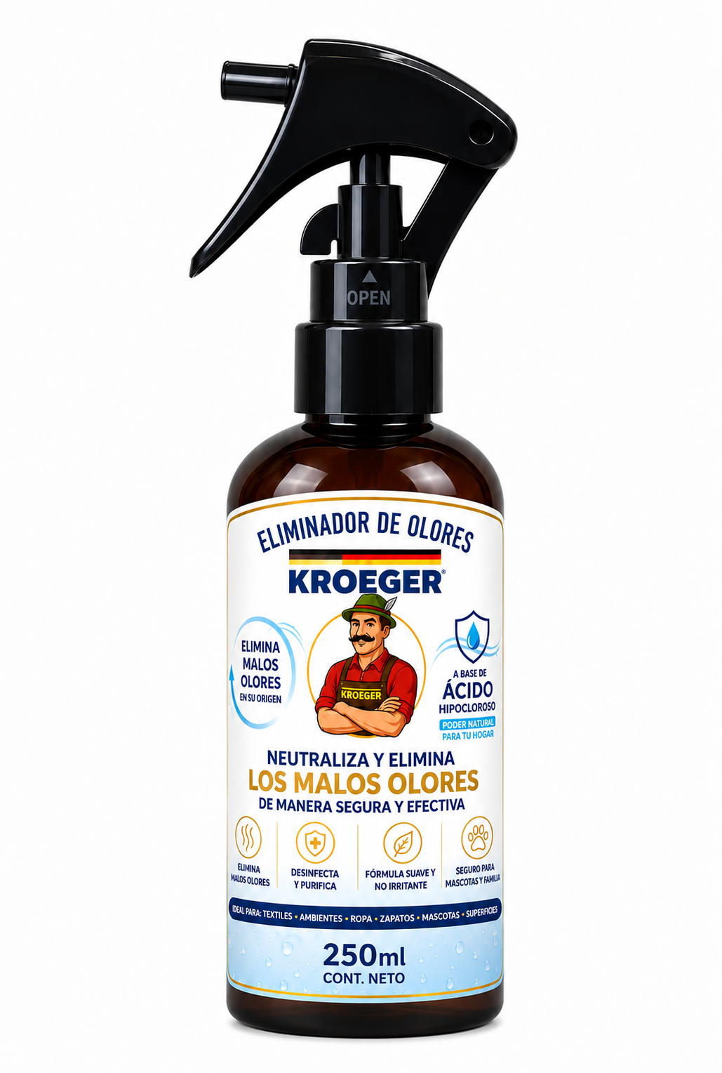 Kroeger Eliminador de Olores con Ácido Hipocloroso (HOCl) 300 ppm – 250 ml 