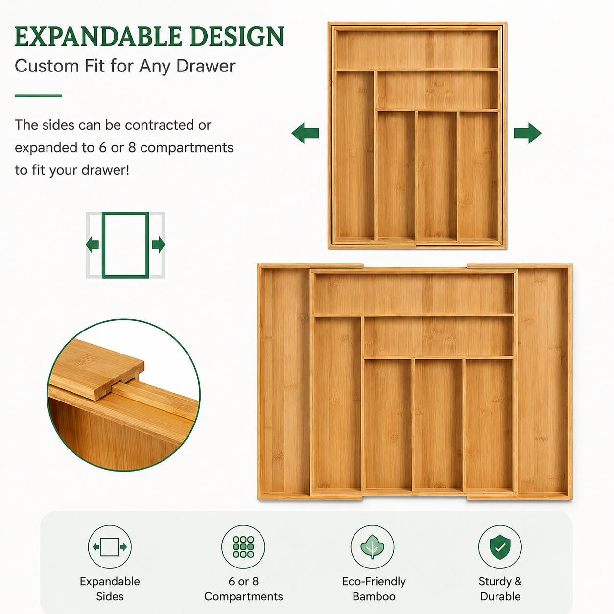 Expandable Bamboo Cutlery Organizer for Kitchen Drawers