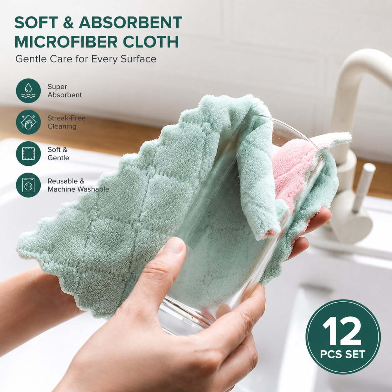 12-Piece Premium Microfiber Cleaning Cloth Set – Soft Reusable Towels for Kitchen, Glass & Household Cleaning